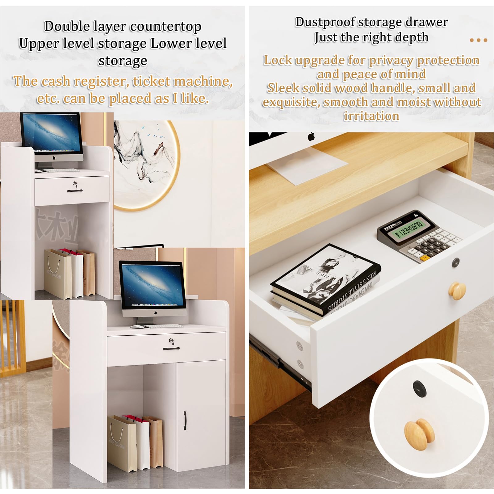 Modern Reception Desk Counter Table with Drawer Storage - Open Front Cashier Cabinet for Clothing Stores, Salons, Hotels & Retail Shops | Durable Reception Room Furniture for Office Lobby & Business Front Desk
