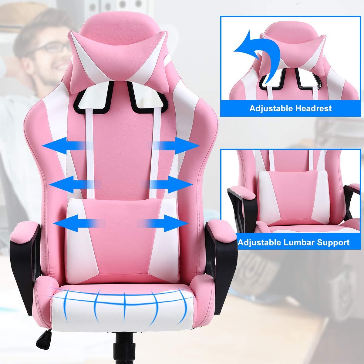 Ergonomic Gaming Chair with Lumbar Support & Headrest - High Back PU Leather Office Computer Chair with Adjustable Height, Armrests & Swivel for Men & Women - Perfect for Gaming, Work & Home Office (Pink)