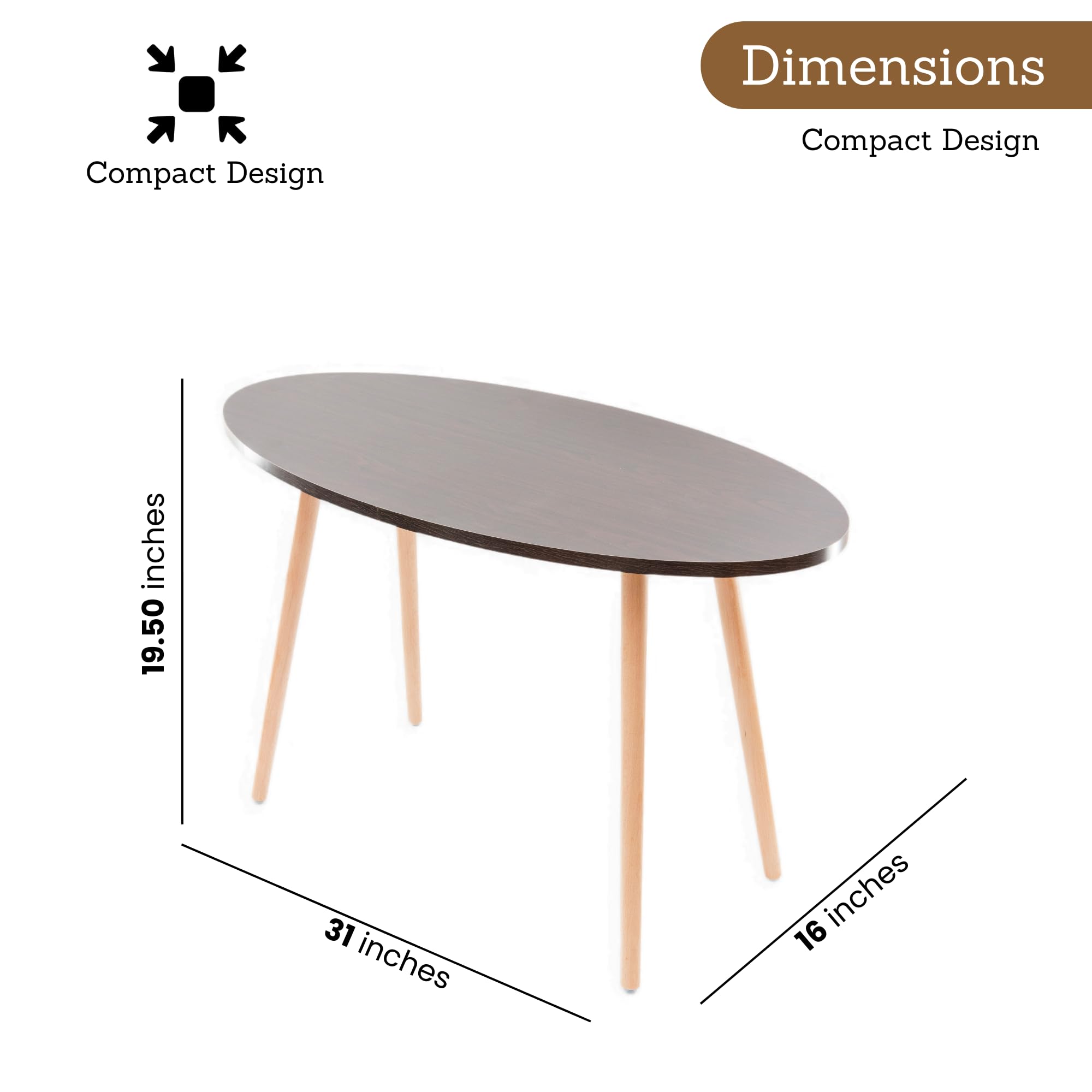 DECOMIL - Modern Oval Coffee Table & End Table for Small Spaces - Industrial Design for Living Room, Office, Balcony - Perfect for Coffee, Laptop Use - Brown Wood Finish - Compact Furniture for Apartments & Small Homes