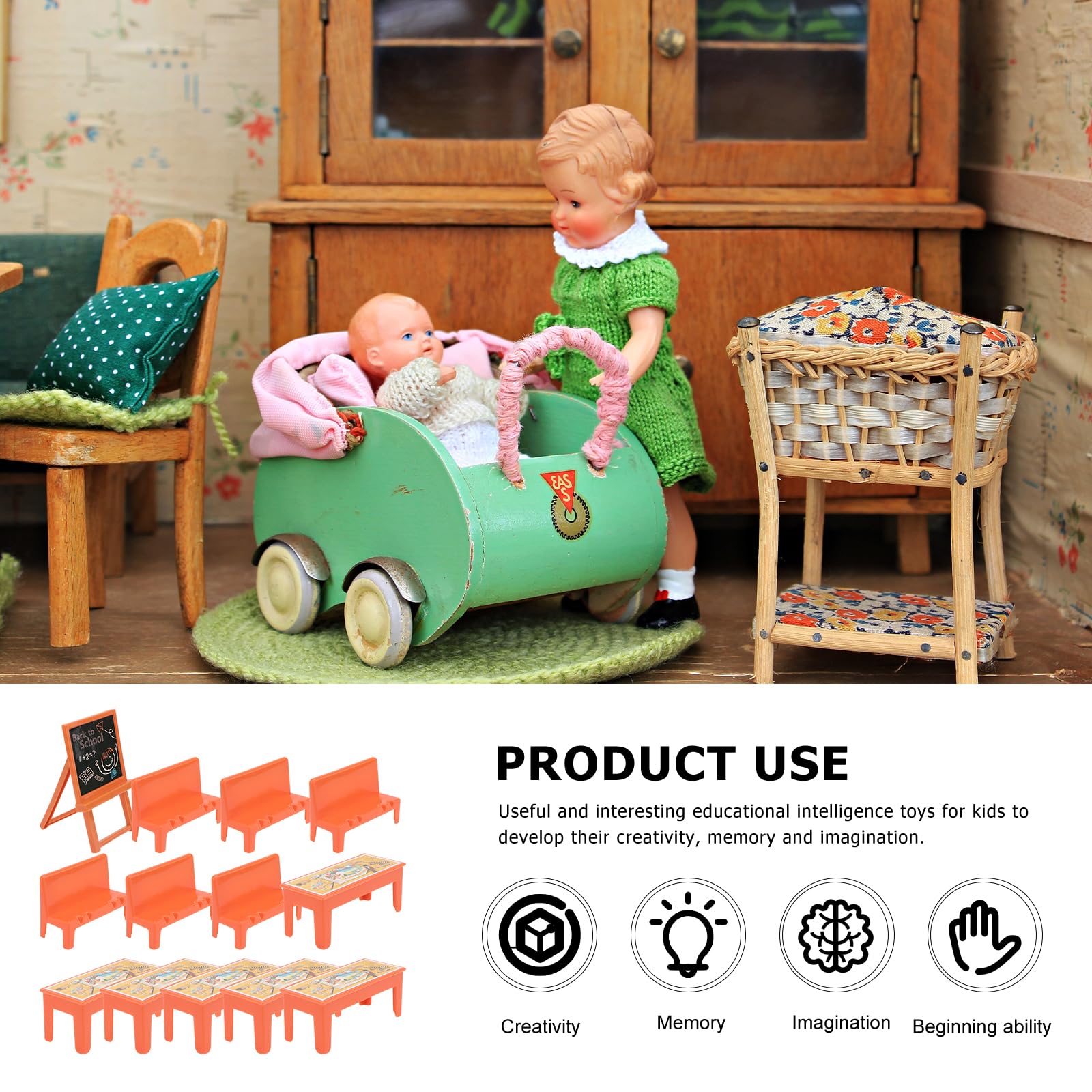 Miniature Classroom Furniture Set - Dollhouse Desk, Chair & Chalkboard - Realistic School Playset for Dollhouses - Perfect for Educational Play, Doll Display & Miniature School Scenes