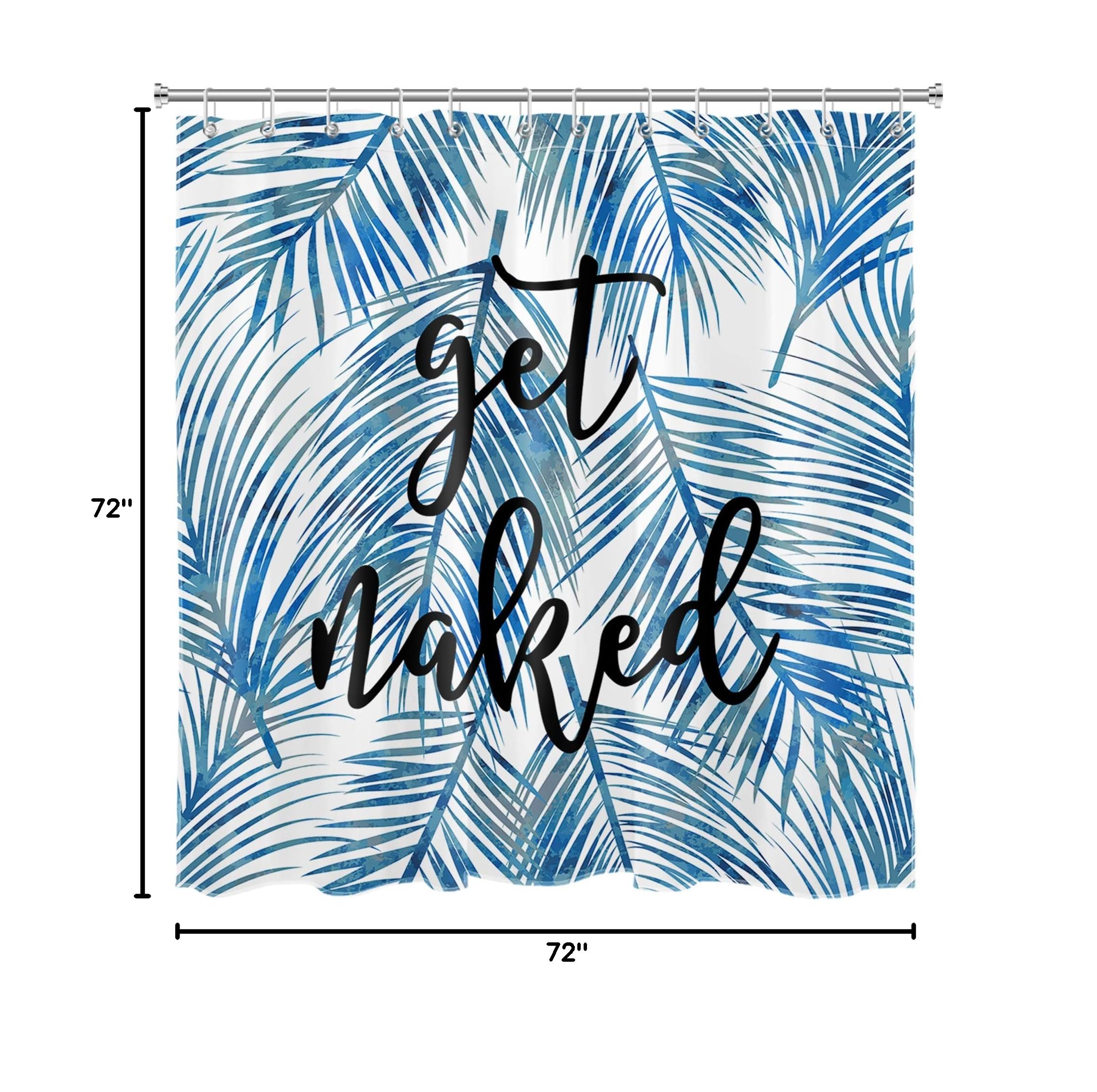 Funny Get Naked Shower Curtain - Blue Palm Leaf Tropical Jungle Design, 72x72 Inch Bathroom Decor with 12 Hooks | Waterproof Polyester Fabric for Bath Tub, Beach House & Boho Style Bathroom Decorations