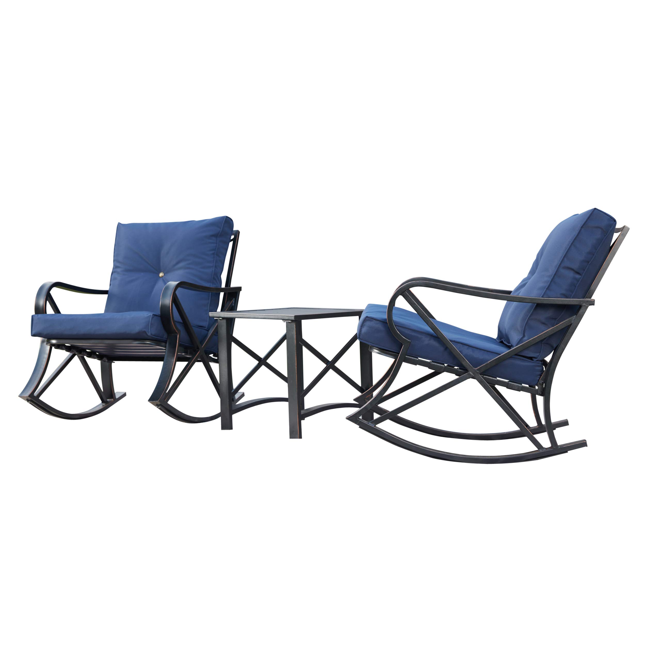 PatioFestival 3-Piece Outdoor Rocking Chair Bistro Set with Coffee Table & Thick Cushions - Metal Garden Furniture for Backyard, Lawn, Porch, Poolside (Blue) - Perfect for Relaxing, Entertaining & Outdoor Dining