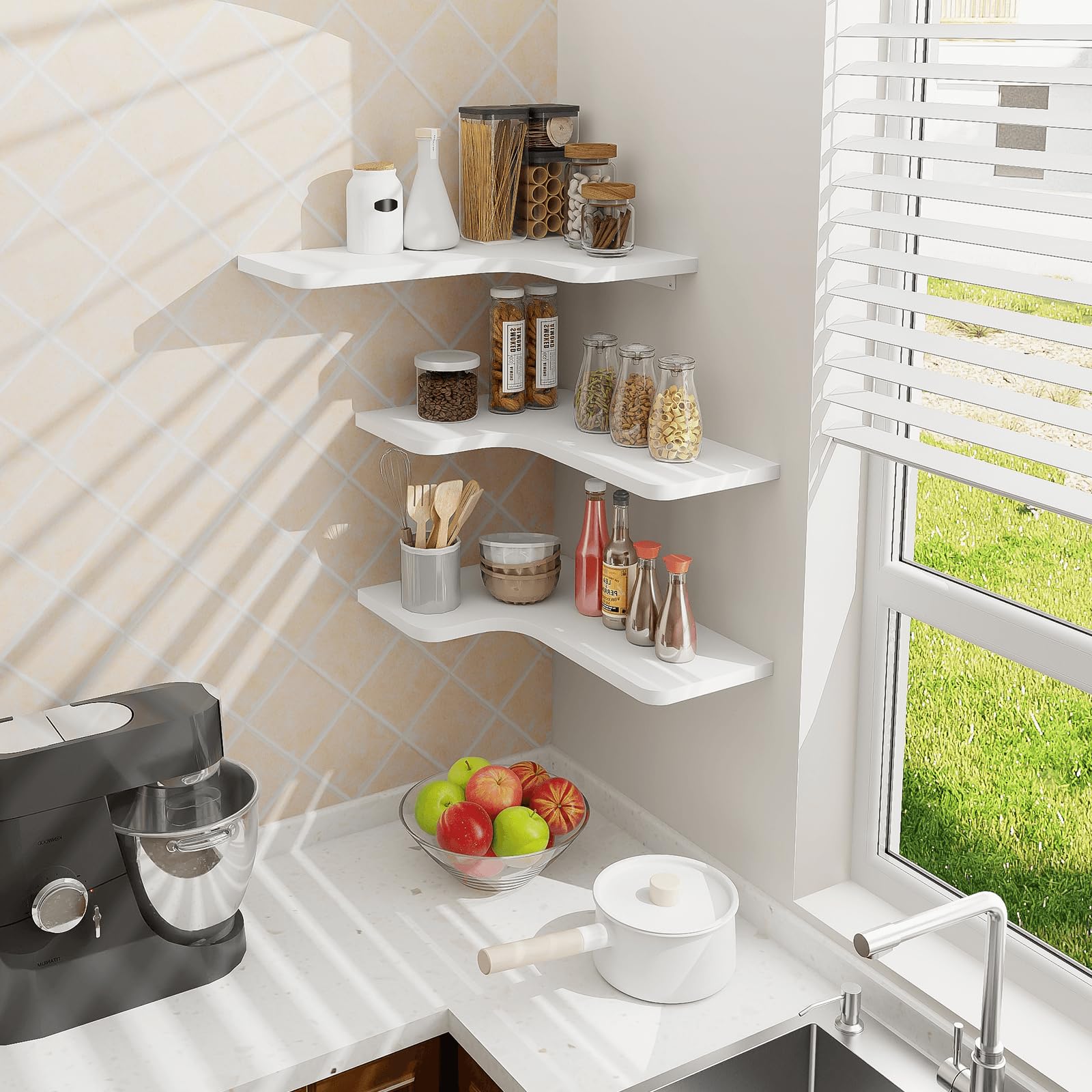 Homode 3-Pack Corner Floating Shelves - L-Shaped Wood Wall Shelves with Wire Hole for Bathroom, Kitchen, Bedroom - White - Perfect for Organizing Toiletries, Spices & Decor Items