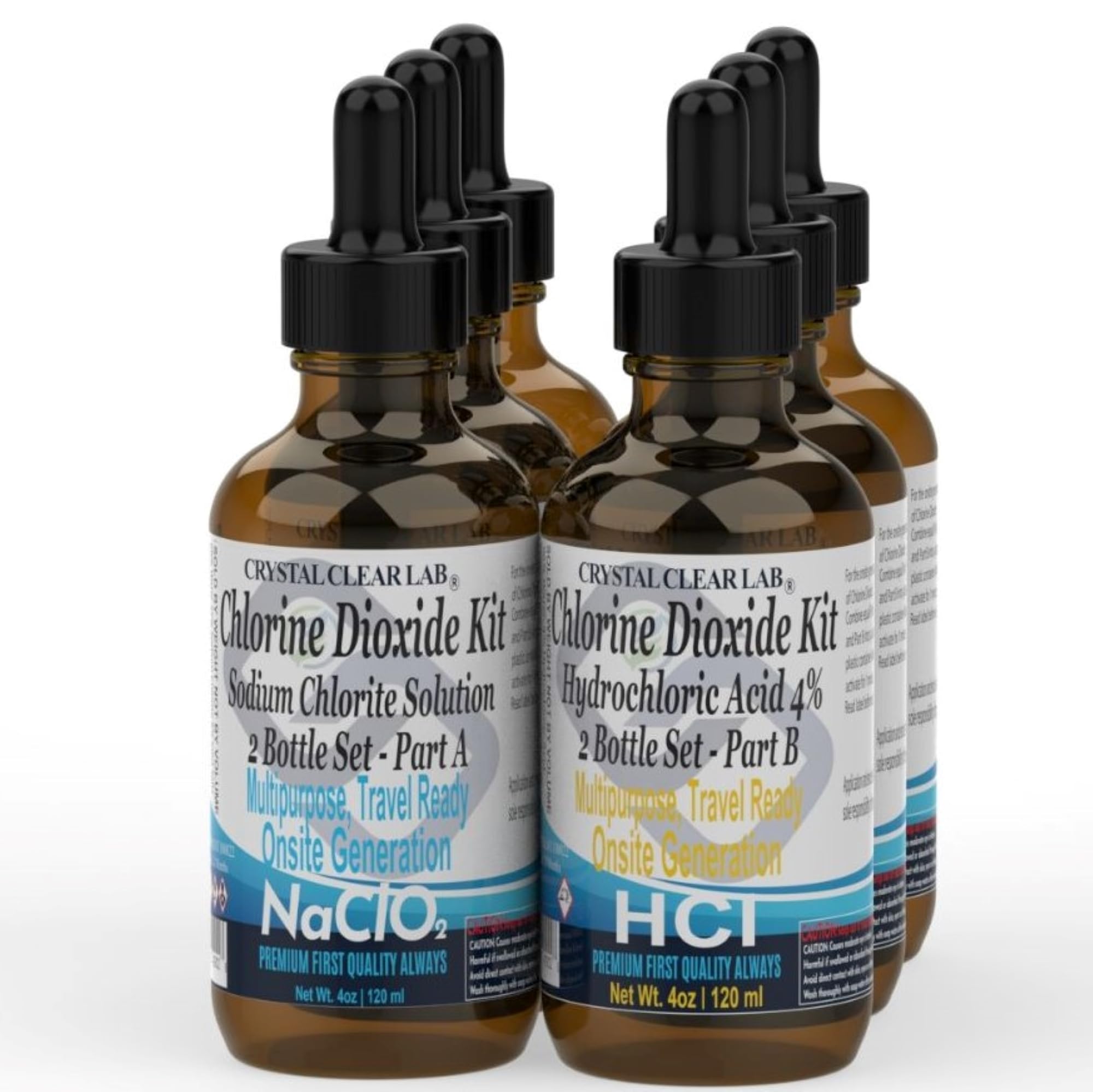 4% Hydrochloric Acid Chlorine Dioxide Solution - 8 Oz Glass Bottles (6-Pack) for Water Purification, Disinfection & Odor Removal