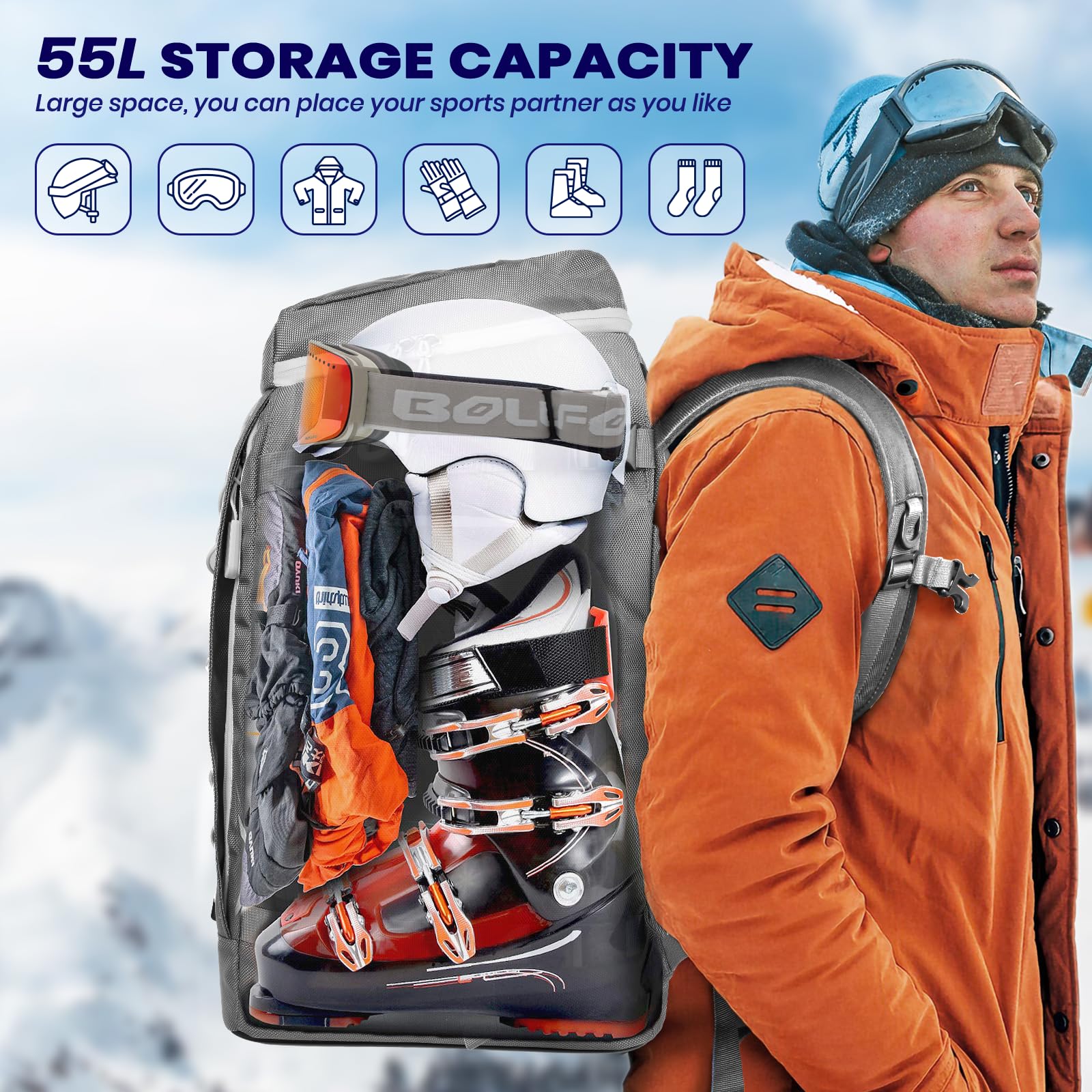 **55L Waterproof Ski Boot Backpack - 1680D Nylon Durable Travel Bag for Ski Helmet, Goggles, Gloves & Snowboard Accessories | Perfect for Ski Trips & Winter Sports Gear Storage**