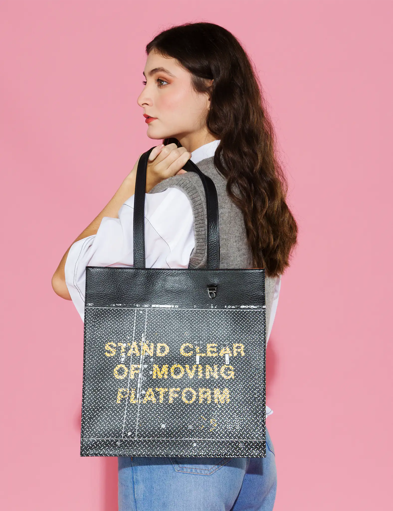 Marko Black Leather Tote Bag with Metal Platform Print - Stylish Women's Work Bag for Office, Travel & Everyday Use