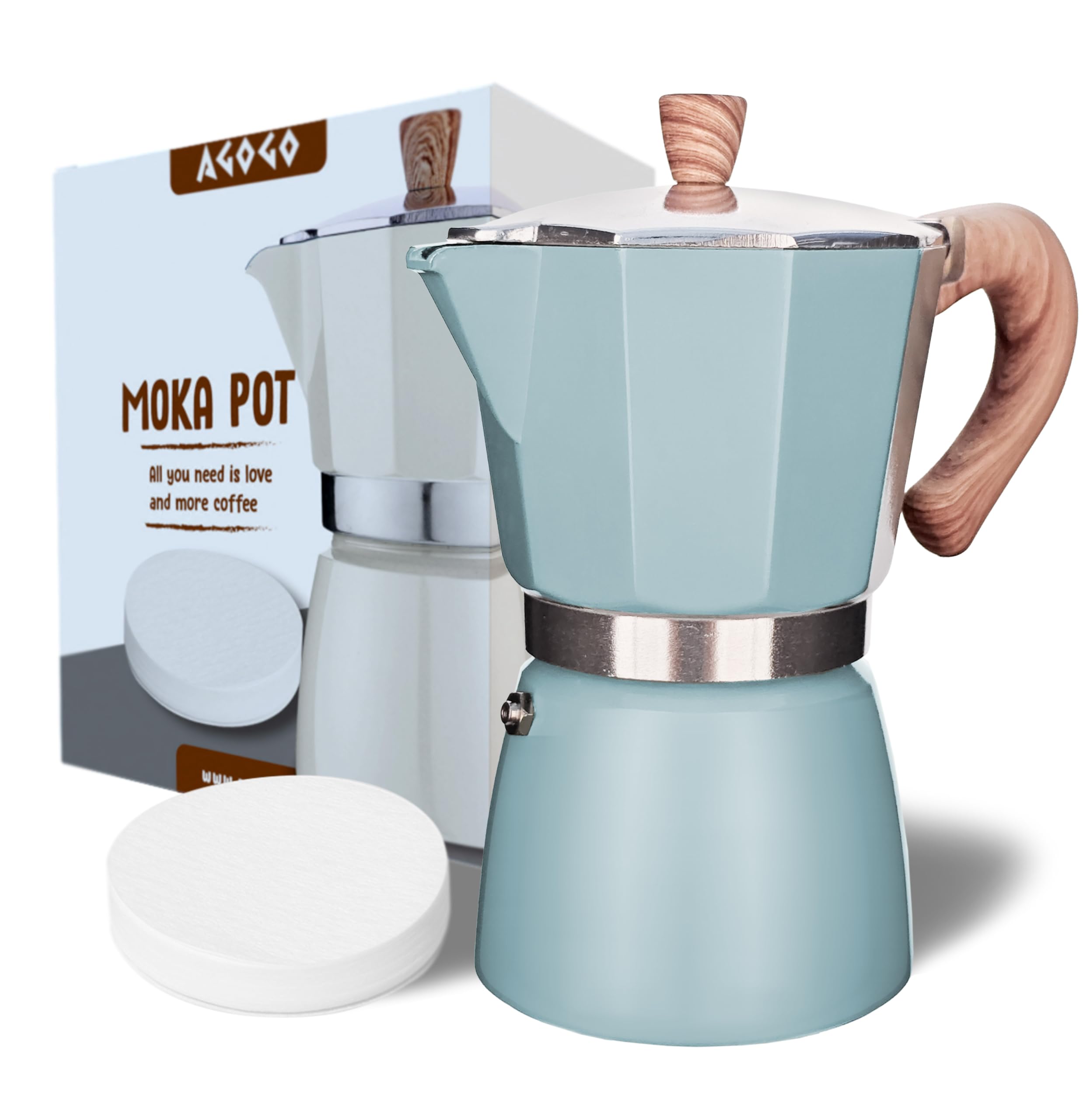 AGOGO Milano 6-Cup Stovetop Espresso Maker - Moka Pot Coffee Percolator with Paper Filter, Lake Blue - Perfect for Home Brewing & Camping Coffee