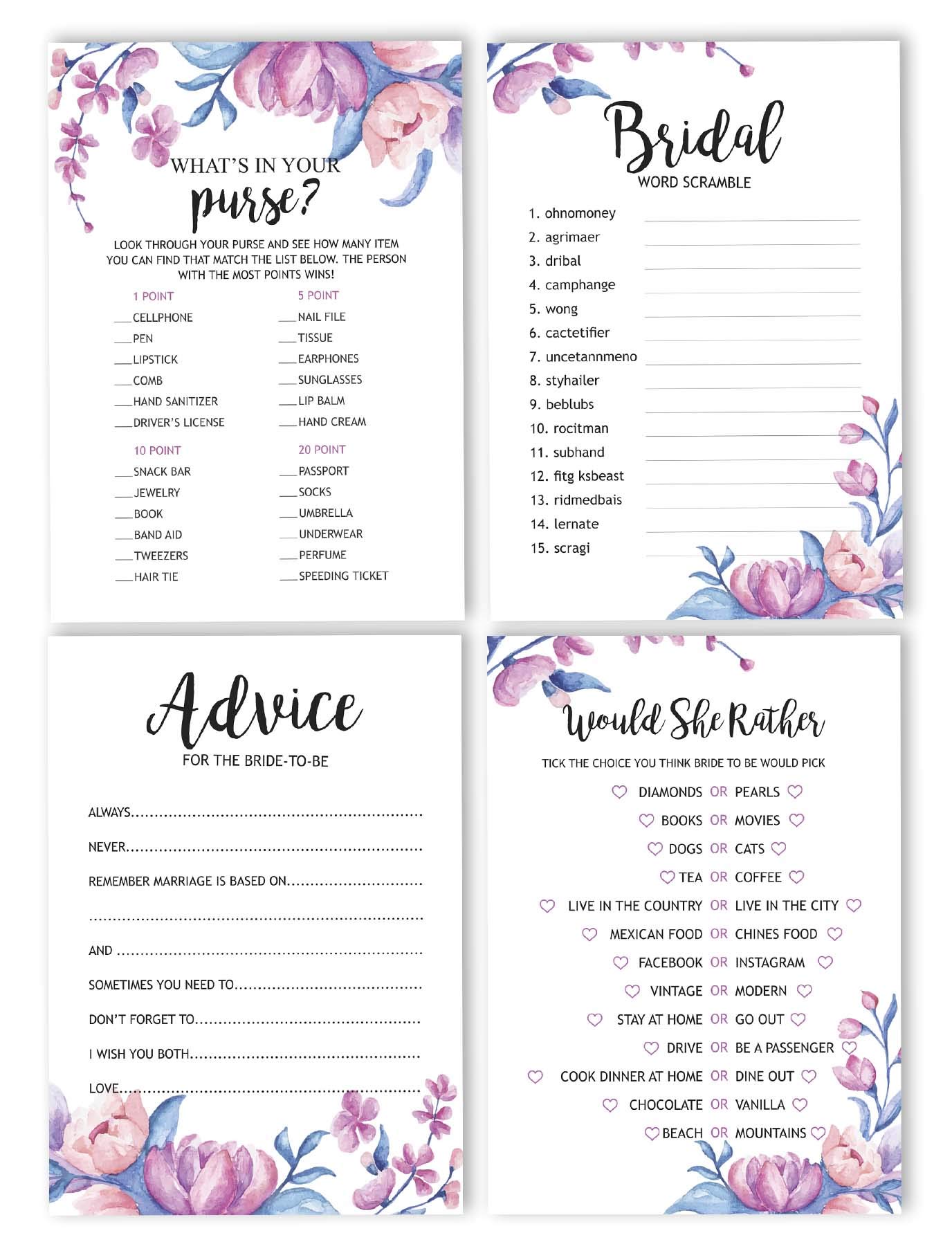 Floral Bridal Shower Games Set - 4 Fun Bachelorette Party Games (50 Sheets Each) for Wedding Celebrations & Girls' Night Out