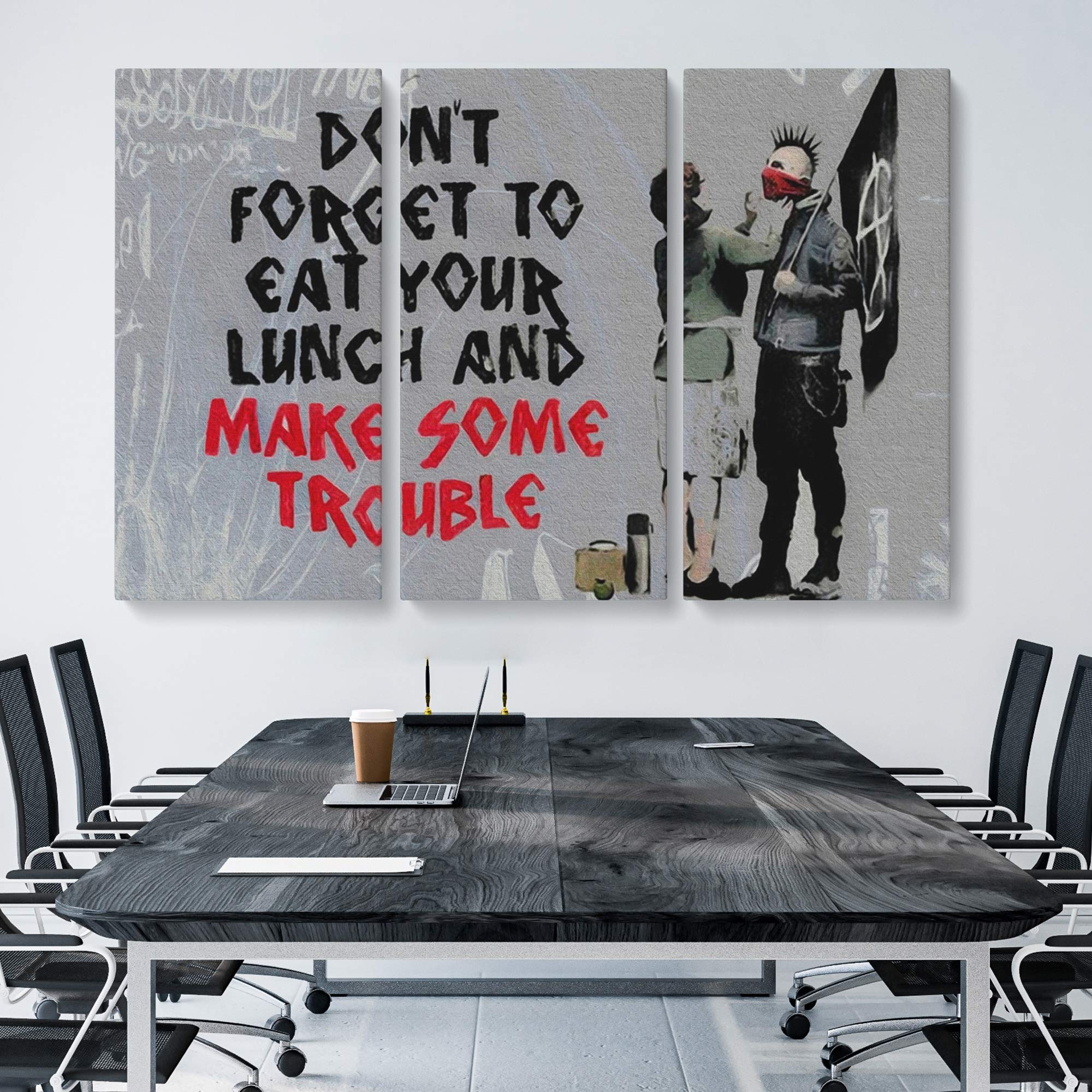 Banksy Inspired Canvas Wall Art - 'Don't Forget To Eat Your Lunch And Make Some Trouble' 3-Piece Set (Medium) | Modern Home Decor for Living Room, Bedroom & Office
