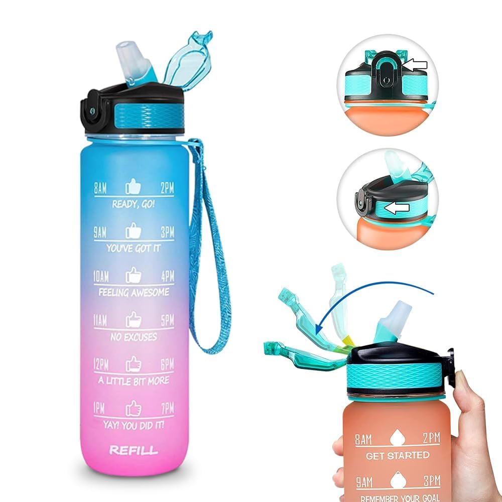 Motivational Water Bottle 900ml with Time Marker - Leakproof, Durable BPA-Free Plastic - Multicolor for Fitness, Gym & Office Hydration Tracking