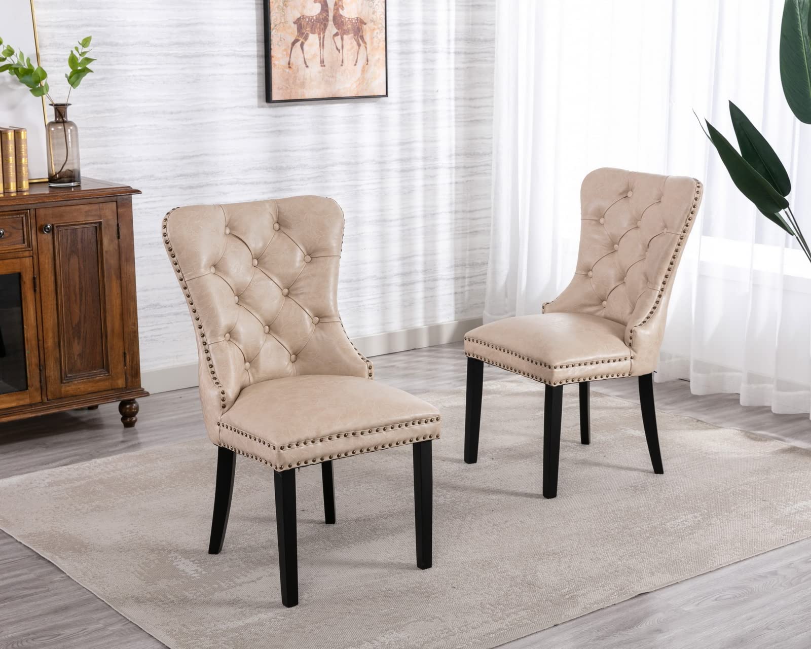 CIMOTA Mid Century Modern Dining Chairs Set of 2 - Beige PU Leather Tufted Upholstered Kitchen Chairs with Nailhead Trim & Ring Back Design | Comfortable for Dining Room, Breakfast Nook & Small Space Entertaining