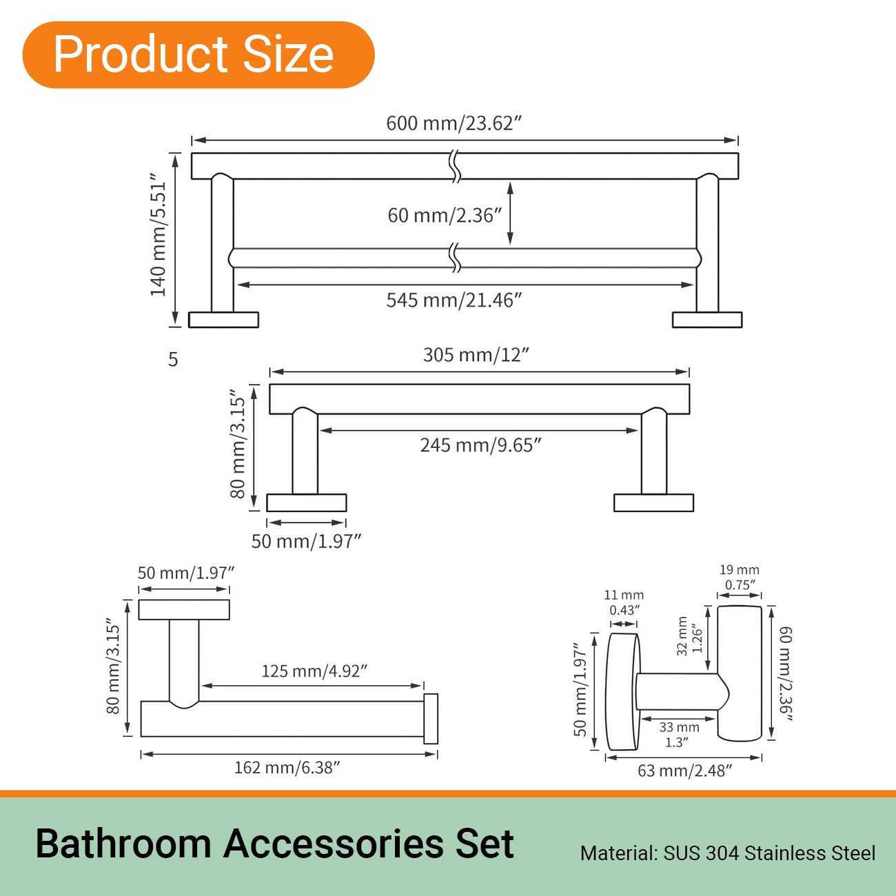 Premium 4-Piece Bathroom Accessories Set - Polished Stainless Steel Wall Mounted Towel Bar, Hand Towel Rack, Toilet Paper Holder & Robe Hooks - Modern Bathroom Organization for Home & Hotel Use