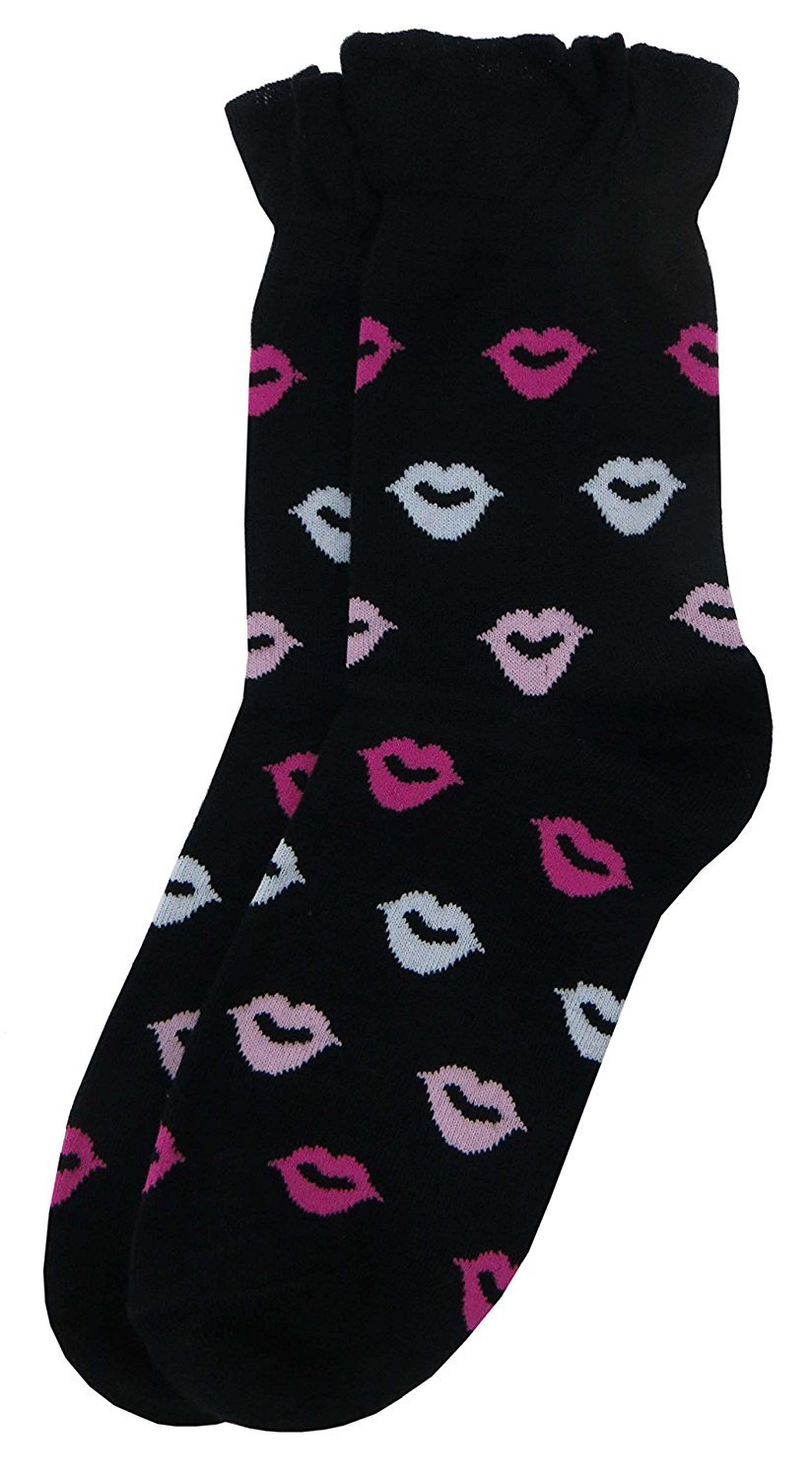 K. Bell Women's Ruffled Ankle Socks with Kiss Print - Cute & Comfortable Socks for Casual Wear, Work, or Gift Ideas