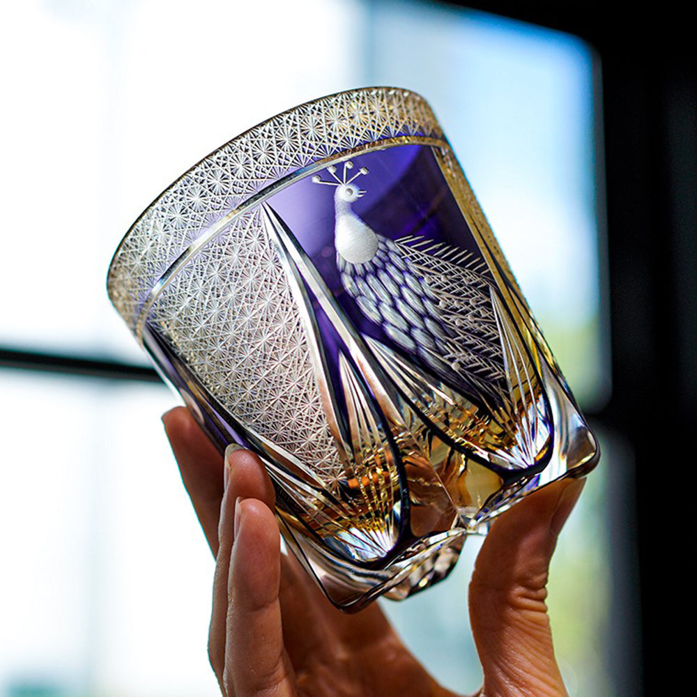 Handcrafted Edo Kiriko Violet Peacock Whisky Glass - Japanese Cut Crystal Tumbler for Scotch, Cocktails & Tea - Elegant Barware & Gift for Whisky Lovers