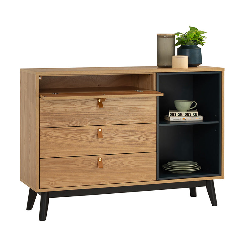 CASTOR Sideboard Buffet 125cm - Modern Wooden Storage Cabinet with 3 Drawers & Doors in Natural, Navy Blue & Black - Perfect for Dining Room, Living Room & Entryway Organization