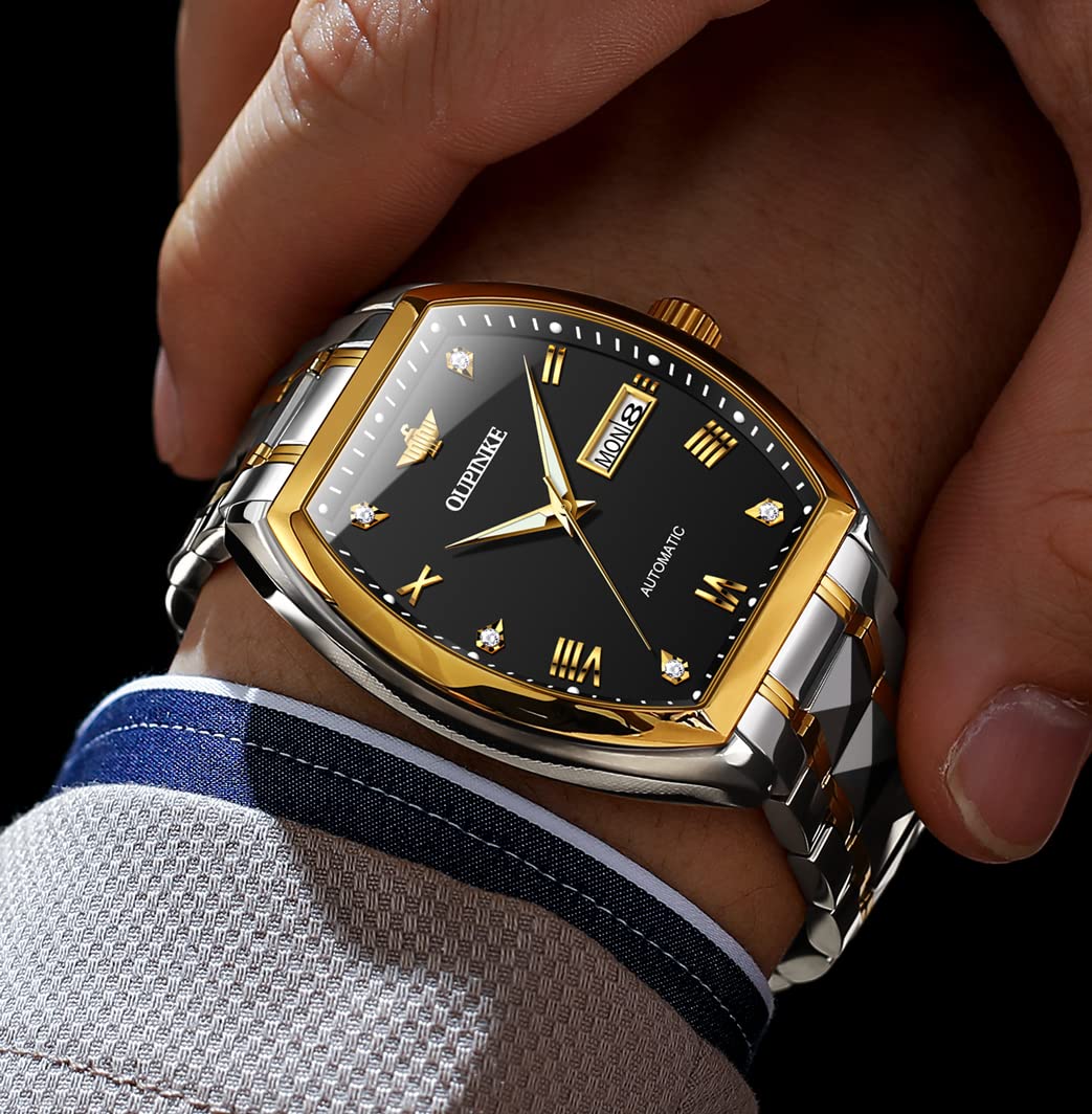 OUPINKE Luxury Automatic Men's Watch - Self Winding Mechanical Tonneau Diamond Business Dress Wristwatch with Sapphire Crystal, Tungsten Steel Case, Waterproof & Luminous | Perfect for Formal Events, Business Meetings & Everyday Wear