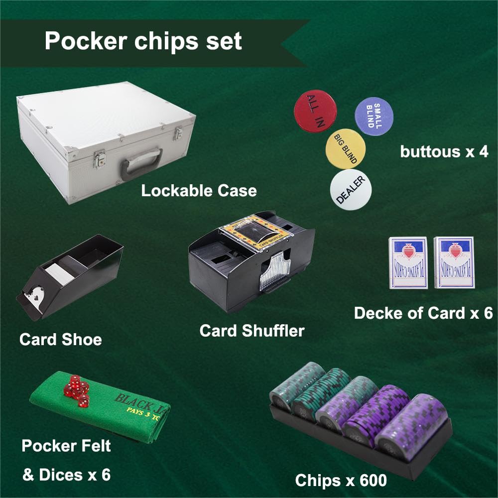 THUNDERBAY 600-Piece Texas Hold'em Poker Chip Set with Aluminum Case - 14g Casino Chips, 6 Card Decks, 5 Dice, 3 Dealer Buttons, Felt Mat, Card Shuffler & Shoe for Blackjack - Perfect for Home Games, Casino Nights & Poker Tournaments