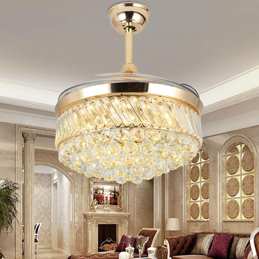 42 Inch Retractable Reversible Ceiling Fan with Remote Control & LED Light - Invisible Chandelier Fan for Living Room, Bedroom - Crystal Ceiling Light Kit (Gold) | Perfect for Home Cooling & Stylish Interior Decor