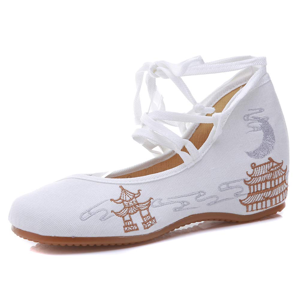 XLH Moon Palace Embroidered Chinese Ethnic Style Cloth Shoes for Women - Classical Hanfu Oxford Wedges for Casual Wear & Dancing | Traditional Folk Dance, Cosplay, Cultural Events
