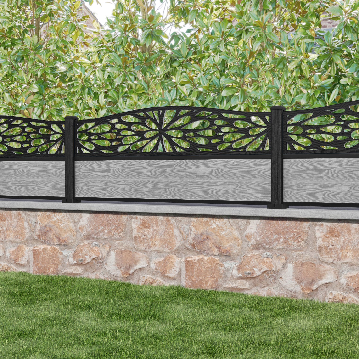 Classic Blossom Curved Top Fence Panel - Light Grey Composite Privacy Fence with Durable Posts | Perfect for Backyard, Garden & Patio Decoration