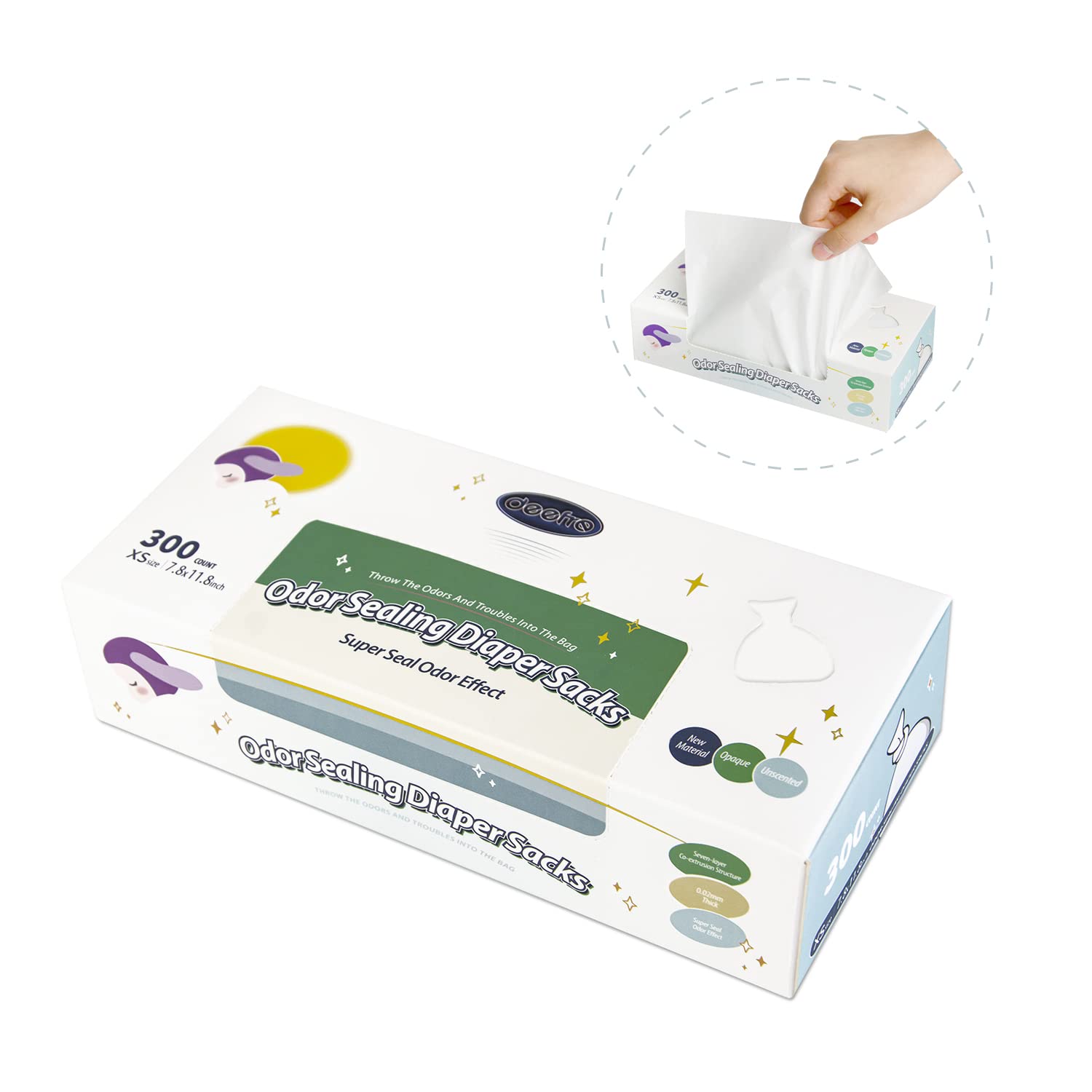 Odor Sealing Disposable Diaper Bags 300 Count - Unscented Large Capacity Diaper Disposal Sacks for Baby & Pet Waste - Perfect for Travel, Daycare & Home Use (White)