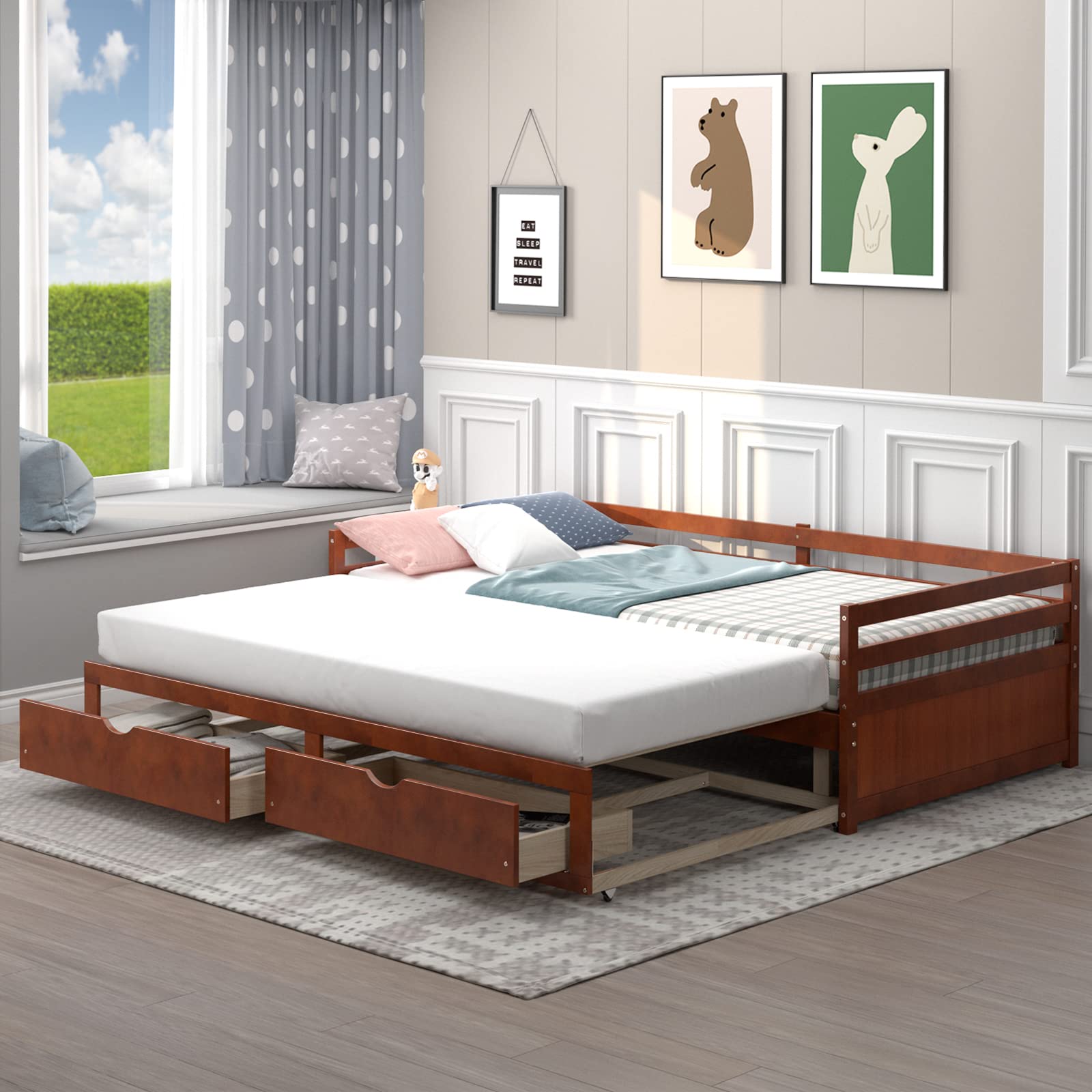 Giantex Wood Daybed with Trundle - Twin to King Size Extendable Daybed with 2 Storage Drawers, Modern Dual-Use Sofa Bed for Teens & Adults, No Box Spring Needed, Walnut Finish - Perfect for Small Bedrooms, Guest Rooms, and Living Spaces