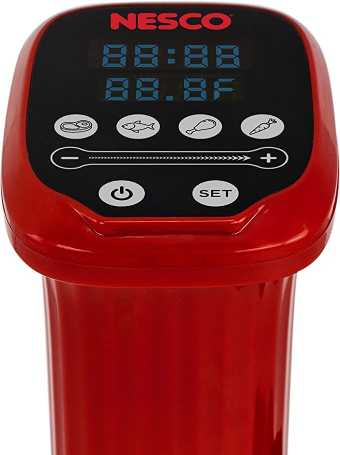 Nesco SVC-1000 Sous Vide Precision Cooker - 1000W Digital Immersion Circulator with LED Display & 10 Preset Programs for Perfect Steak, Salmon, Chicken Breast & Vegetables (Red & Black) - Ideal for Home Chefs, Meal Prep & Restaurant-Style Cooking