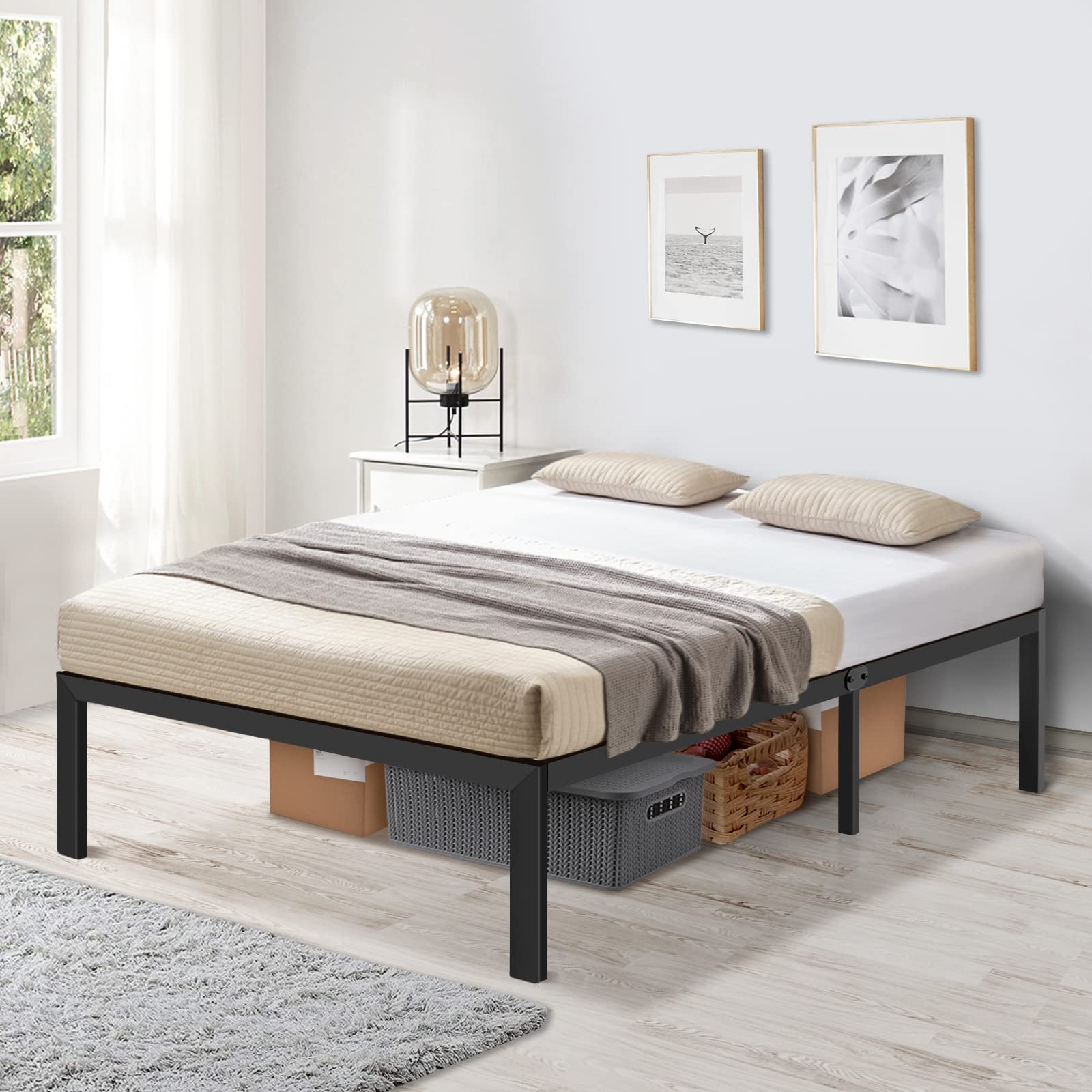 14 Inch Twin Metal Platform Bed Frame with Large Storage - Heavy Duty Steel Slats, No Box Spring Needed, Anti-Slip Support & Quick Lock Assembly (Black) - Perfect for Small Bedrooms, Dorms & Guest Rooms