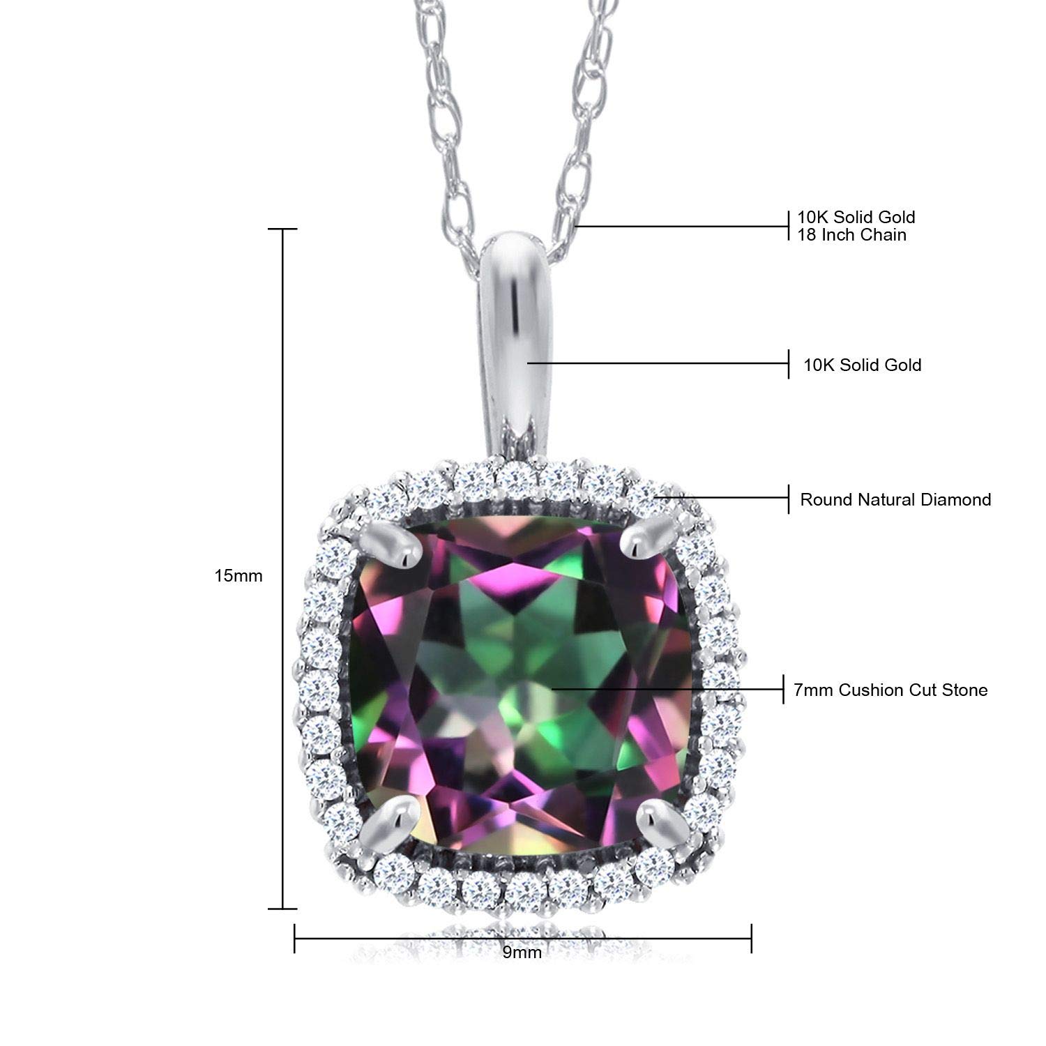 10K White Gold Birthstone Pendant Necklace with White Diamond Halo | 7MM Cushion Cut Gemstone | 18 Inch Chain | Elegant Jewelry Gift for Women | Perfect for Birthday, Anniversary & Special Occasions