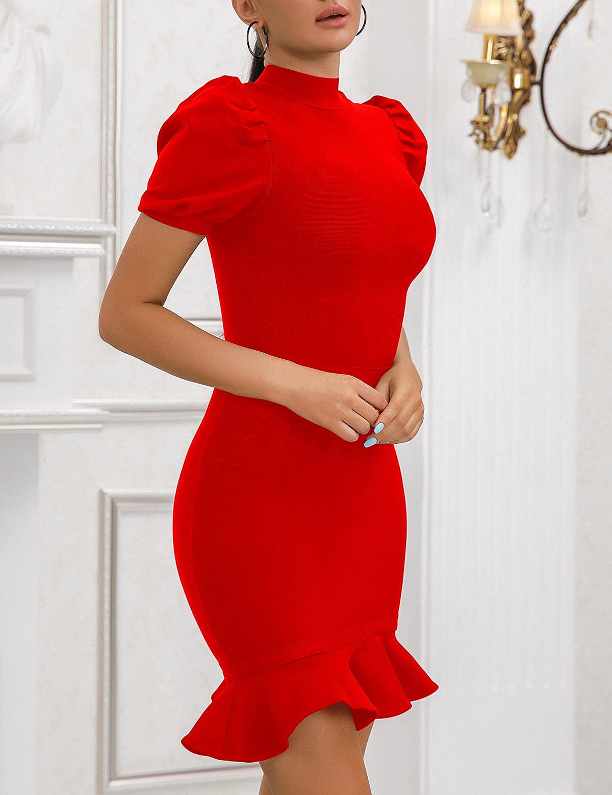 Women's Puff Sleeve Bandage Bodycon Dress with Fishtail Hem - Sexy Cocktail Party & Wedding Guest Dress for Night Out, Date Night, Club Wear & Special Occasions