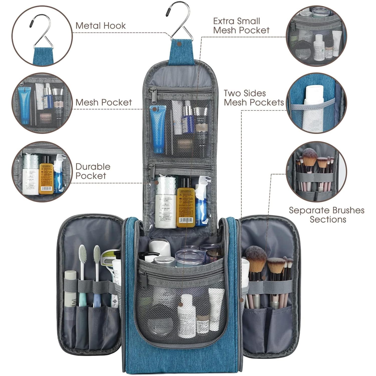Narwey Hanging Travel Toiletry Bag - Waterproof Cosmetic Organizer for Women & Men - Medium Size Navy Blue Makeup Bag - Perfect for Bathroom, Gym, Camping & Air Travel