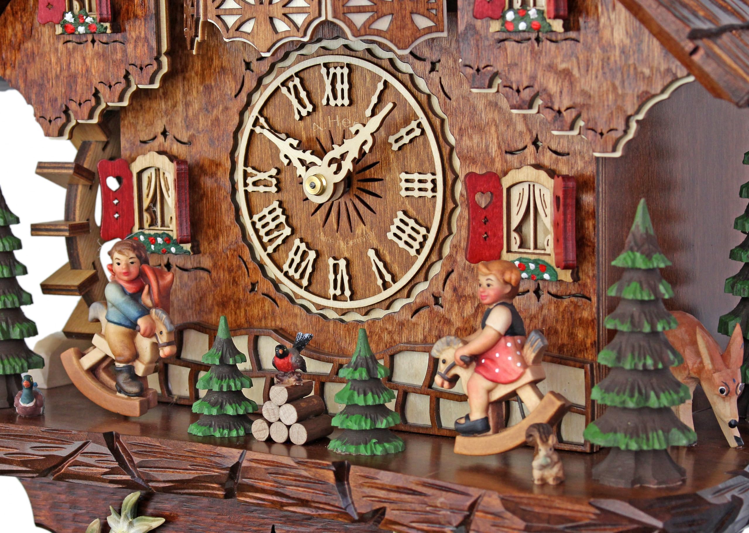 Handcrafted Cuckoo Clock with Rocking Horses - Traditional German Wooden Wall Clock with Moving Pendulum & Bird - Perfect for Home, Office, and Cabin Decor