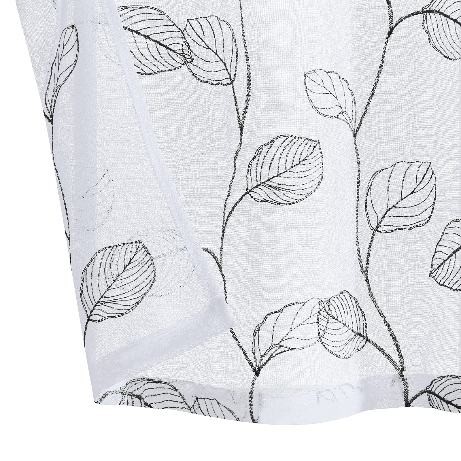 White Sheer Grey Leaf Embroidered Voile Kitchen Curtain Valance - 18 Inch Rod Pocket Farmhouse Window Treatment for Kitchen, Living Room & Bedroom