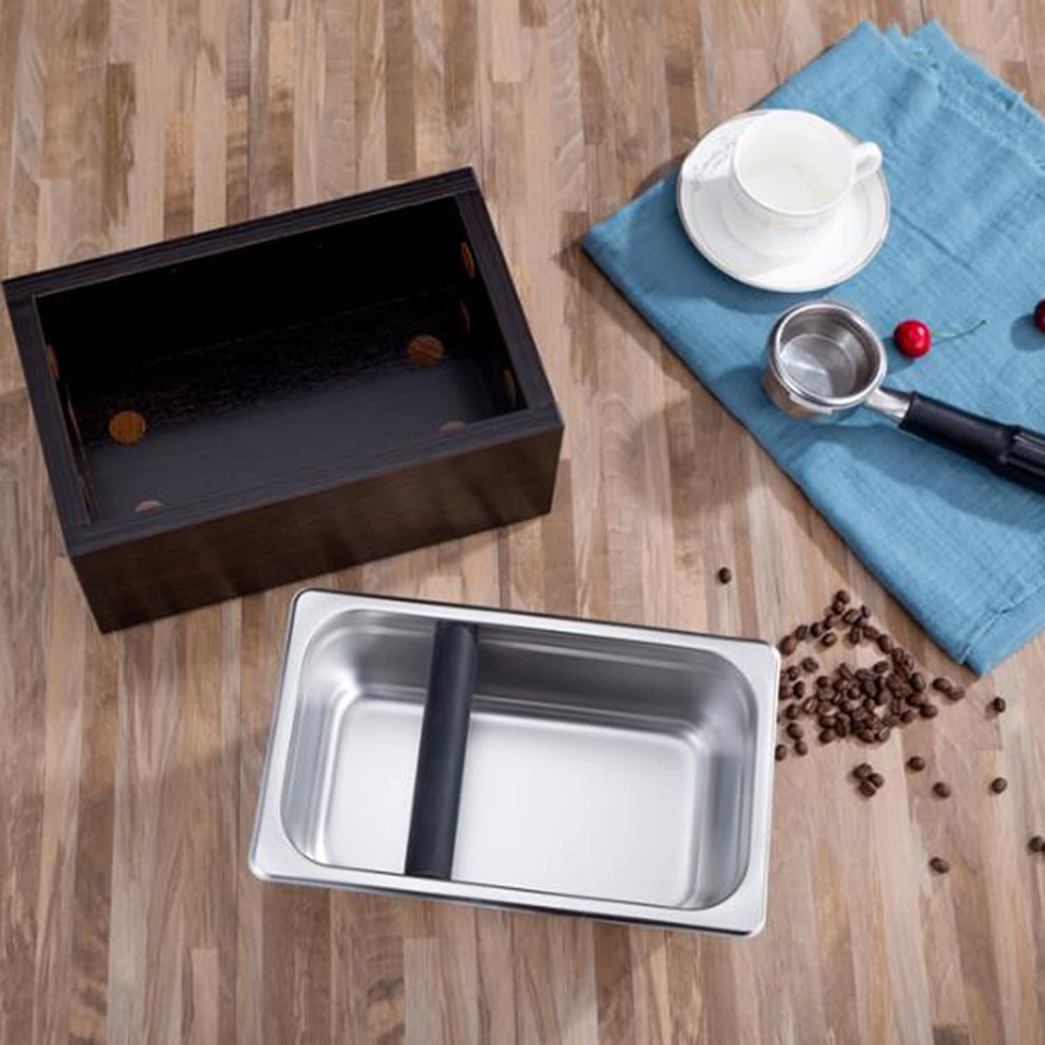 Stainless Steel Coffee Knock Box with Wood Base - Barista Grounds Container, Coffee Residue Bin & Grind Waste Bucket for Espresso Machine Accessories - Perfect for Home & Commercial Coffee Stations