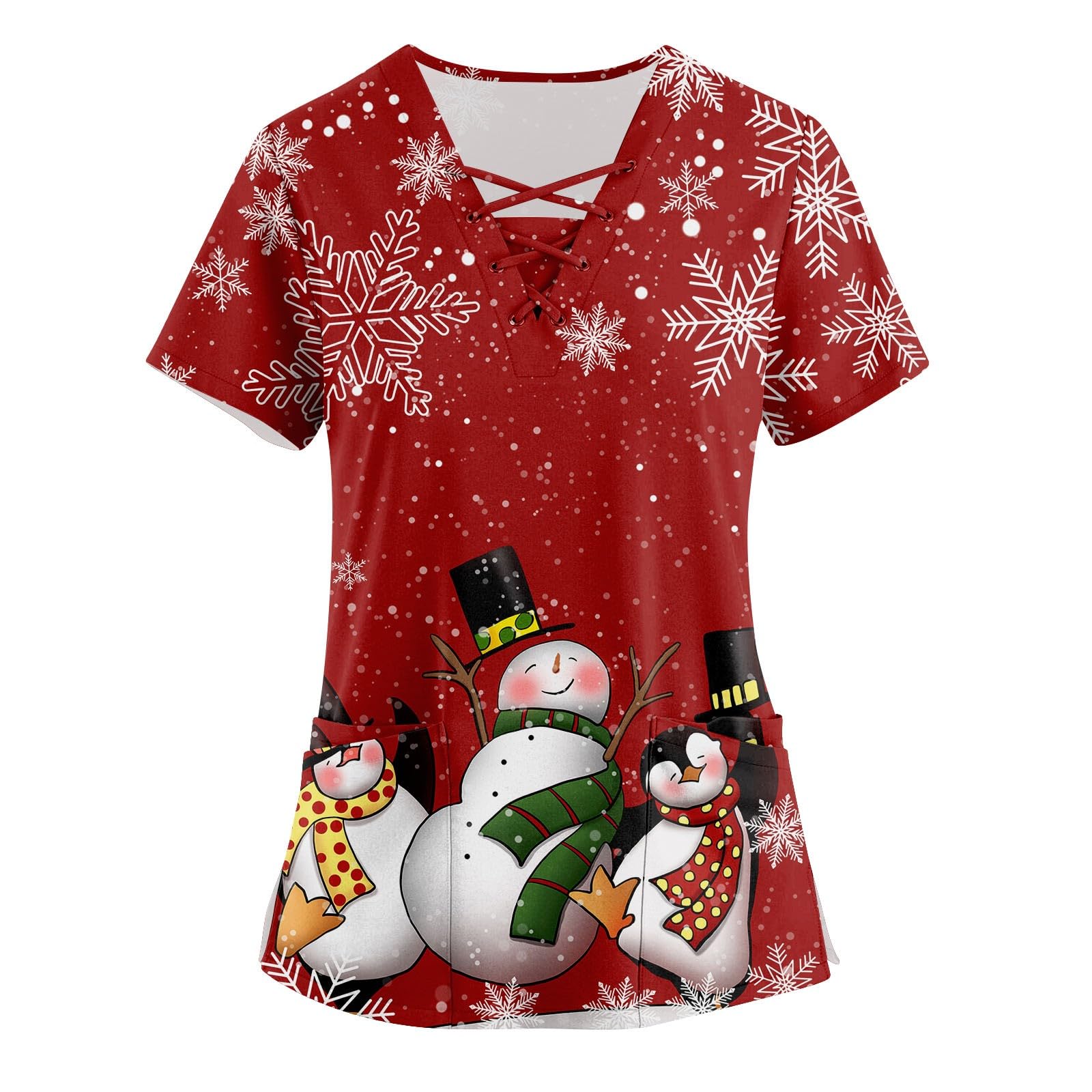 Festive Christmas Printed Short Sleeve V-Neck T-Shirts for Women - Holiday Workwear & Scrub Tops with Pockets - Perfect for Nursing, Healthcare Professionals & Christmas Parties
