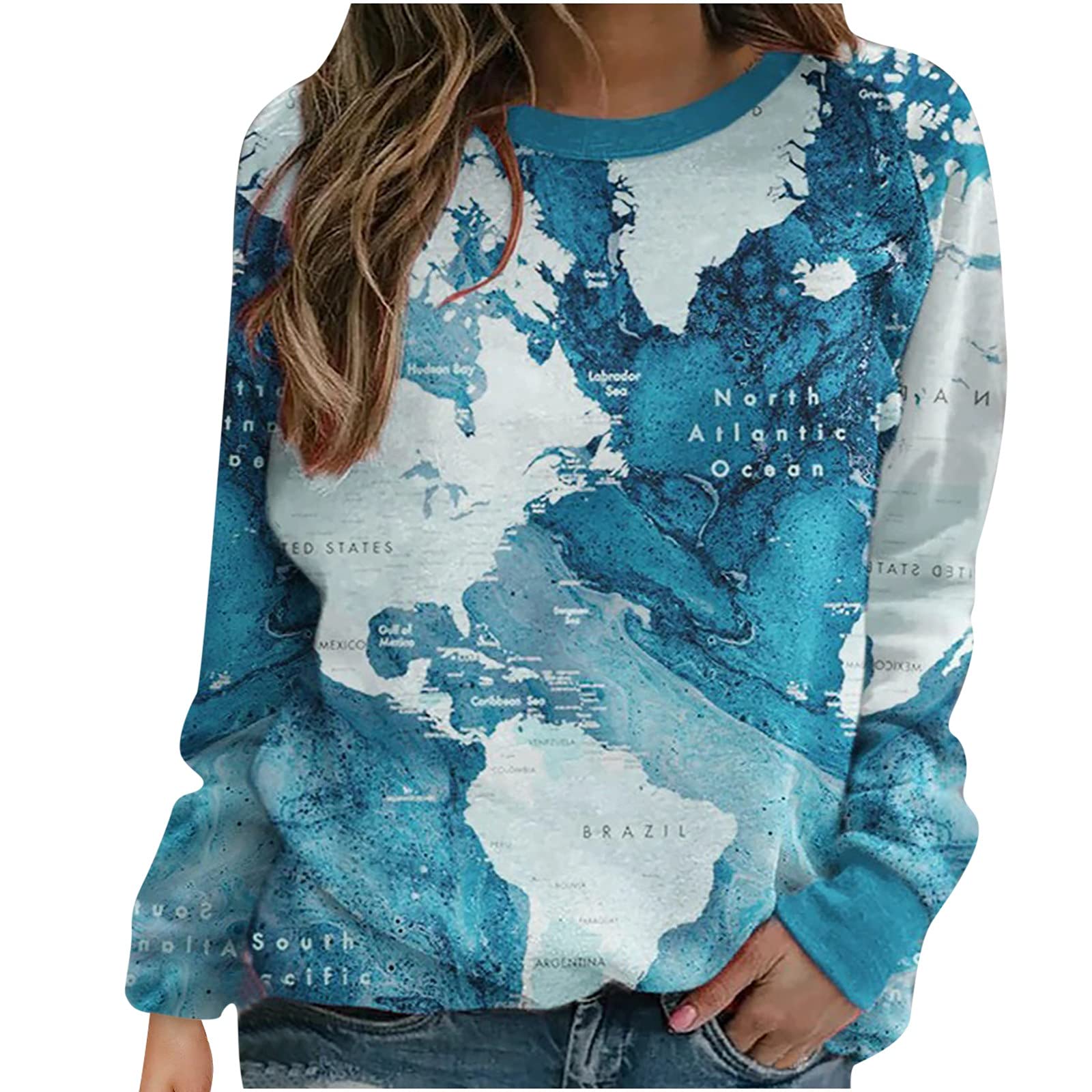 Vintage World Map Graphic T-Shirts for Women - Long Sleeve Loose Fit Crewneck Top - Travel Inspired Casual & Workout Shirt - Perfect for Summer, Travel Adventures and Gym Wear