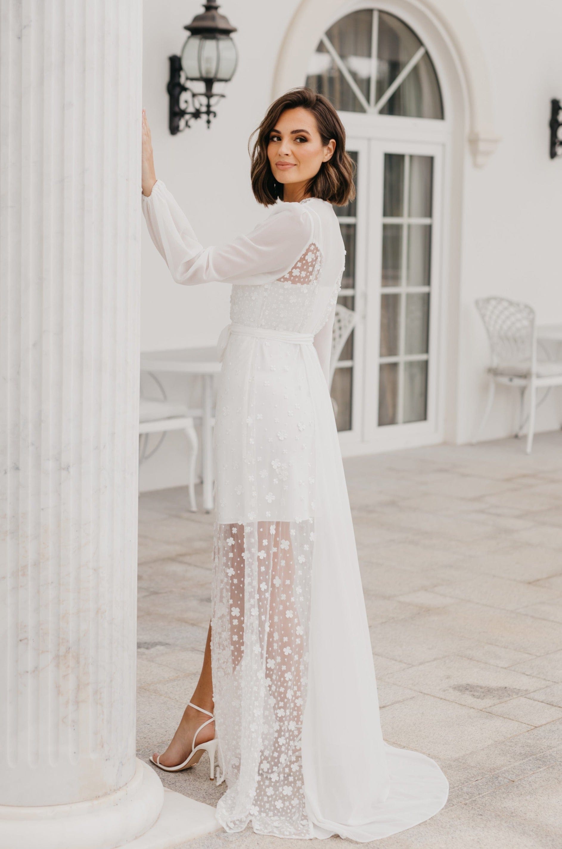 Cassidy Forget Me Knot Lace Maxi Bridal Robe with Slip - Elegant Wedding Gown for Brides, Bridal Party & Photoshoots