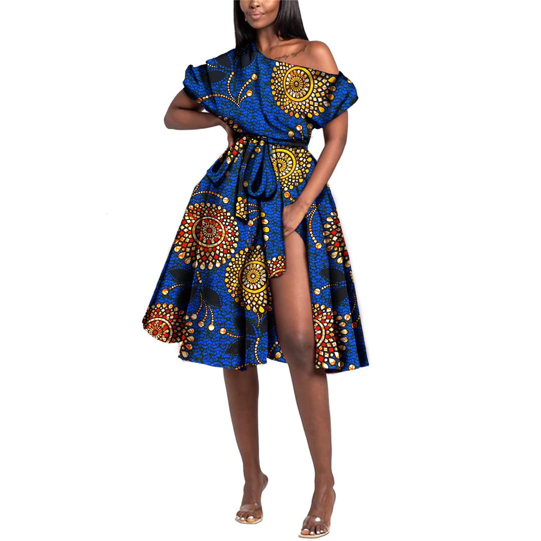 **African Print Off Shoulder Party Dress for Women - High Waist Plus Size Belted Outfit 713 XL | Elegant & Comfortable for Weddings, Festivals & Special Occasions**