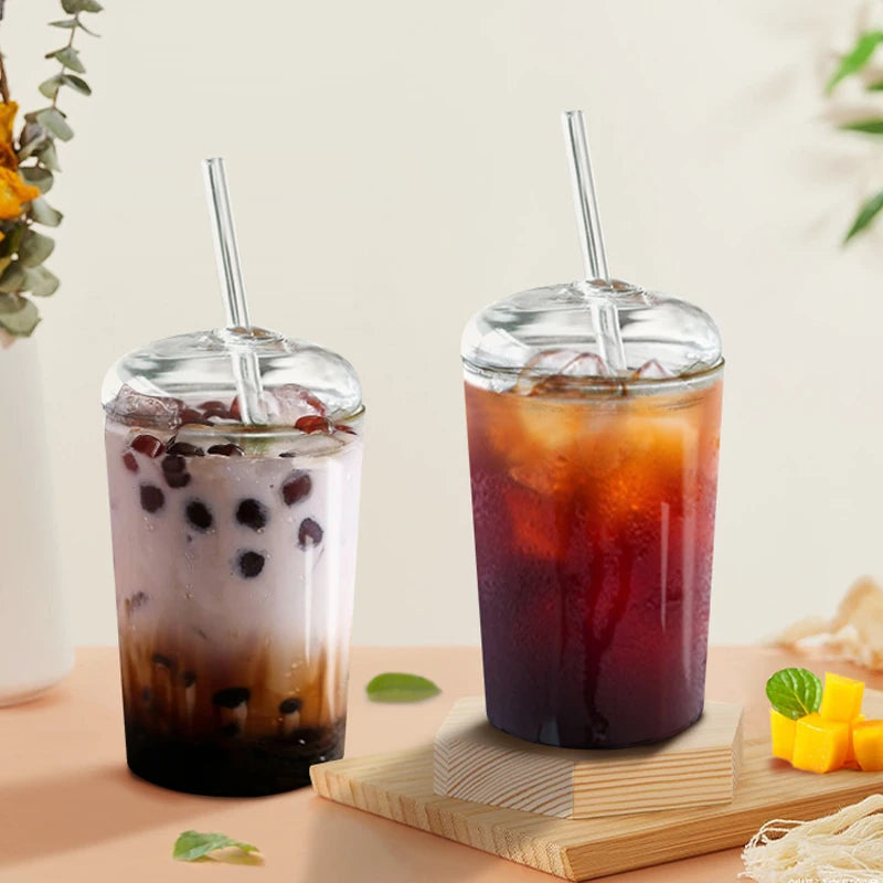 Premium Boba Glass Cup with Lid & Straw - 16oz Reusable Bubble Tea Cup for Home, Office, or Cafe - Perfect for Iced Coffee, Milk Tea & Smoothies