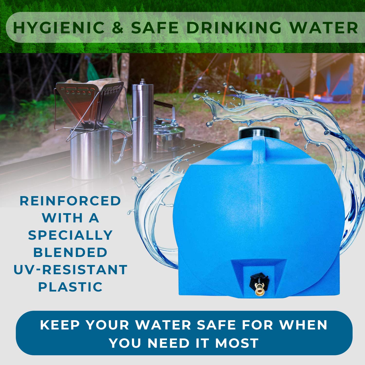 35 Gallon Emergency Water Storage Tank - BPA Free Blue Water Barrel with Large Lid for Disaster Preparedness | Space Saving, Long Lasting Water Container for Home, Camping & Emergency Survival Kits