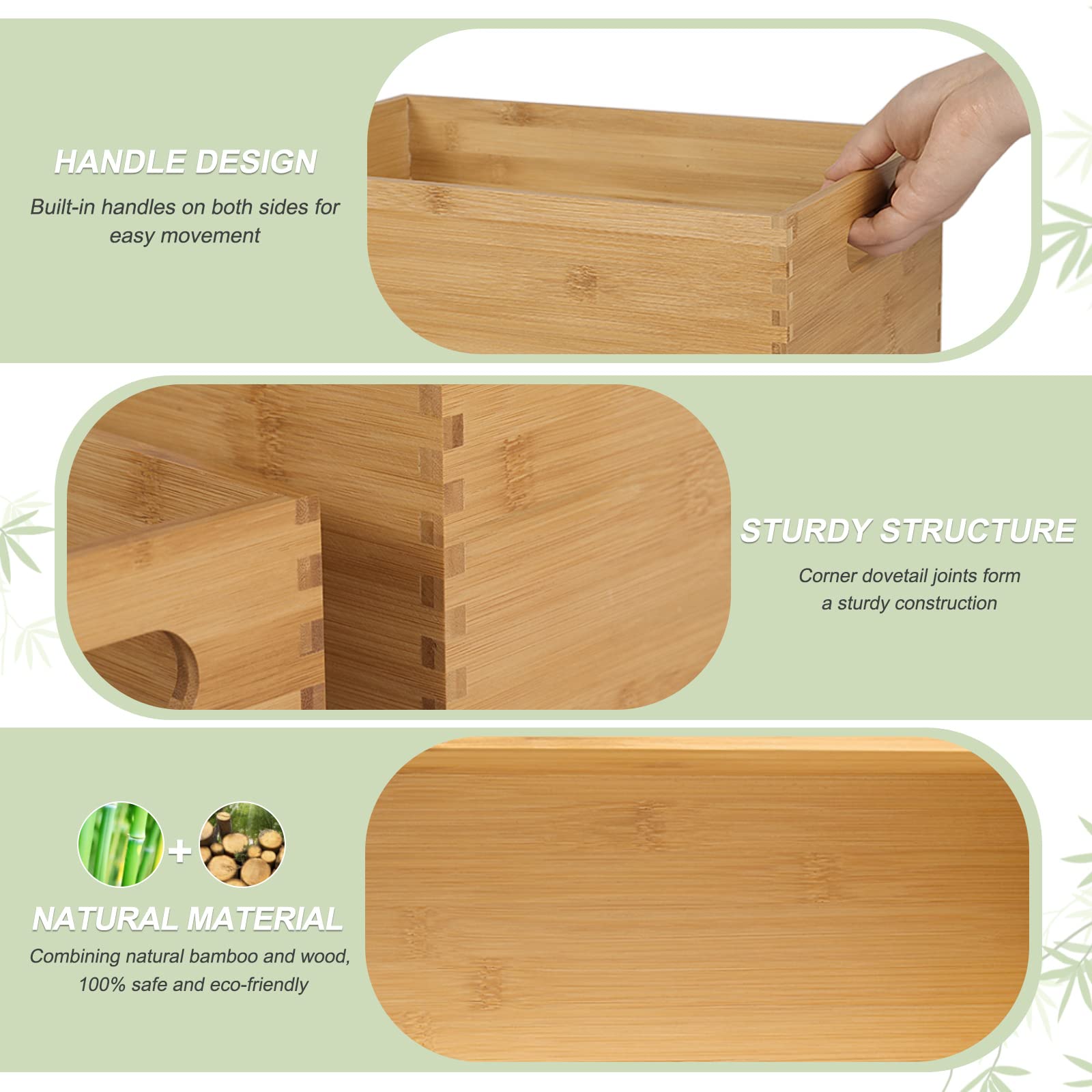 ANMINY Set of 4 Nesting Wooden Storage Crates - Natural Bamboo Wood Organizer Bins with Handles for Home, Office, Closet & Shelf Organization - Perfect for Toys, Books, Blankets & Home Decor Storage