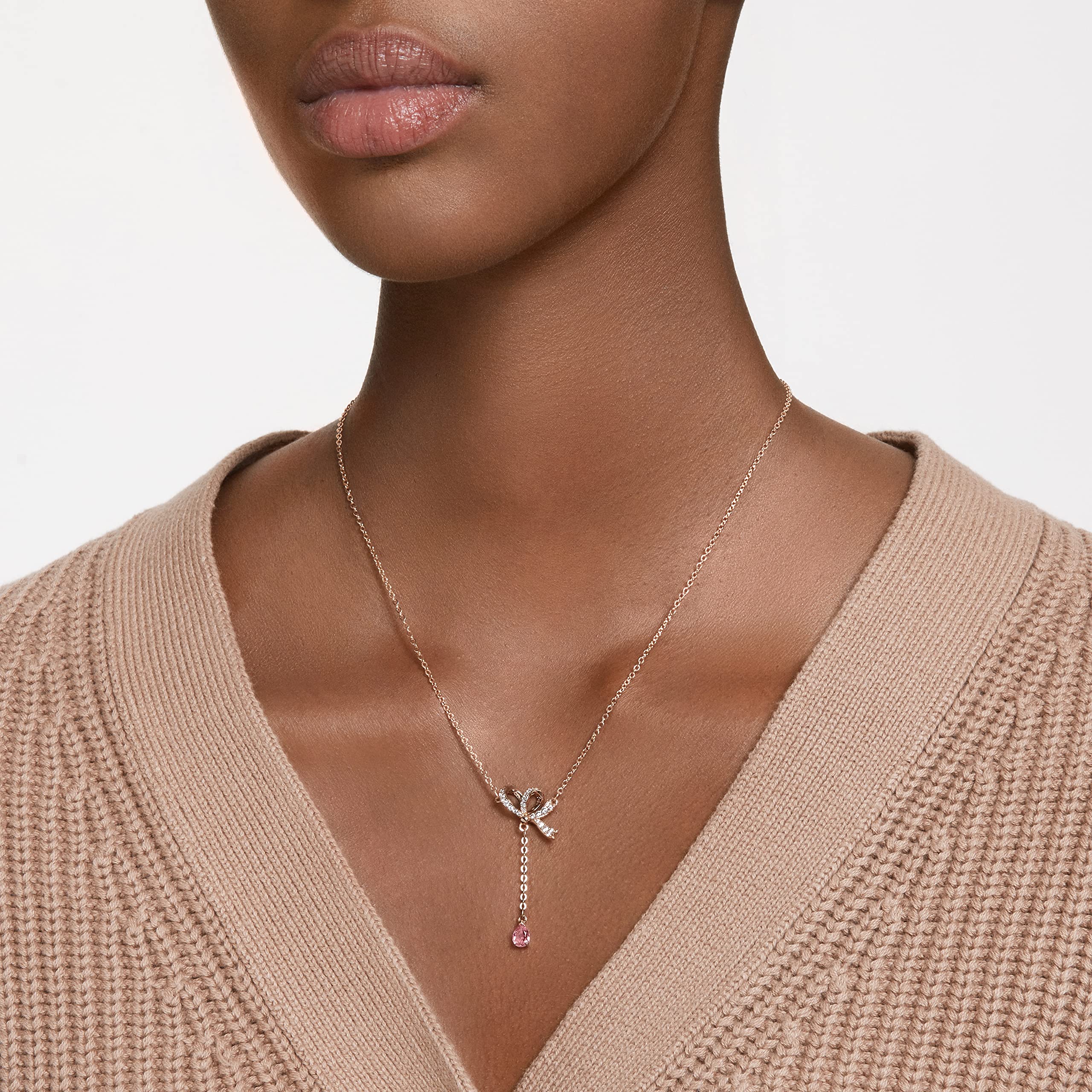 Swarovski Volta Necklace, Earrings & Bracelet Set - Pink & Clear Crystal Jewelry with Rose Gold Finish | Elegant Bow Design for Women, Perfect for Weddings, Parties & Special Occasions