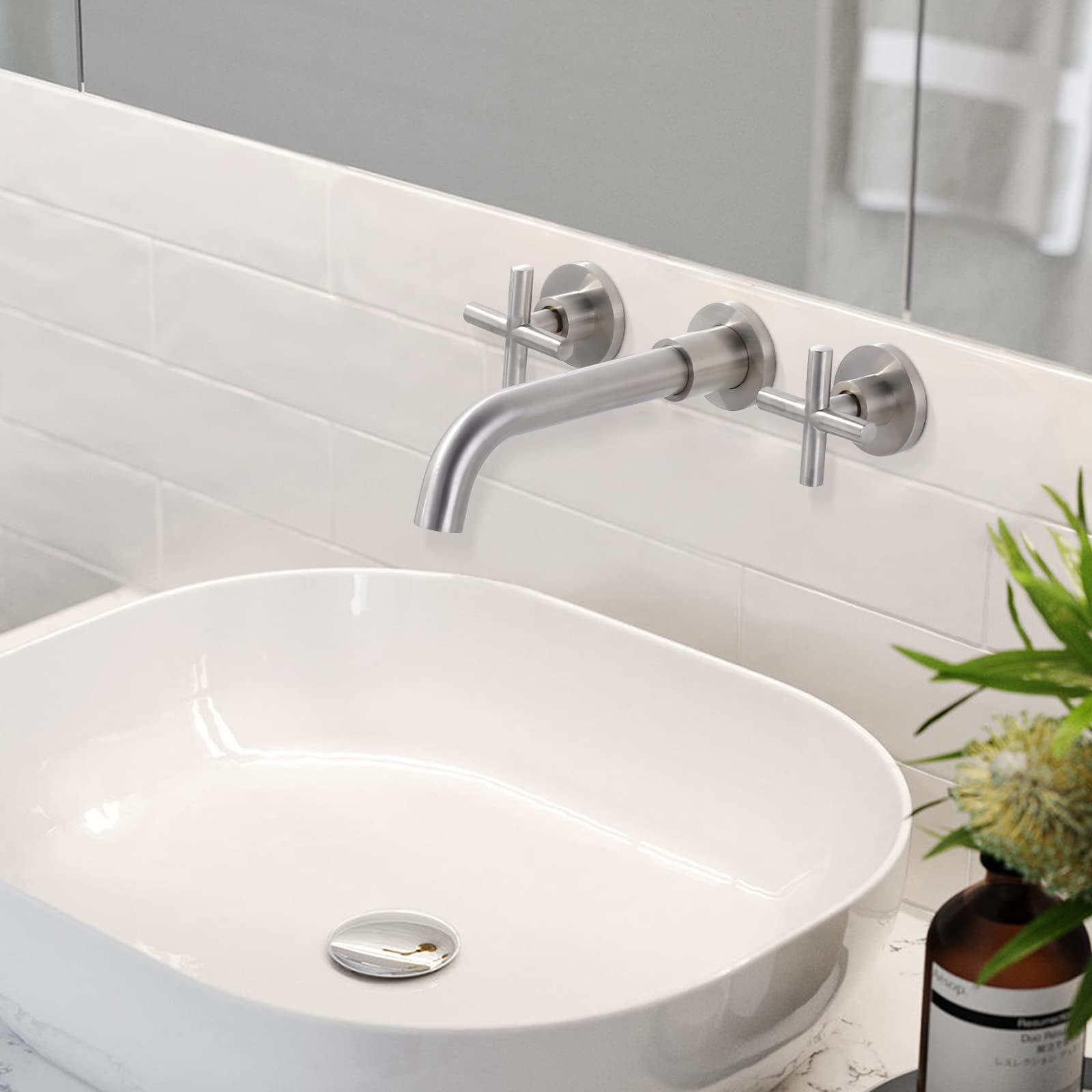 ARCORA Brushed Nickel Wall Mount Bathroom Faucet - 2 Handle Vessel Sink Faucet with Rough-in Valve - Perfect for Modern Bathrooms & Powder Rooms