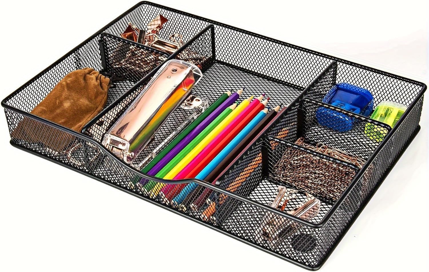 Metal Mesh Desk Drawer Organizer Tray - 6 Adjustable Compartments for Office & Home Use (12.87x8.85x1.96 Inch, Black) - Perfect for Organizing Stationery, Makeup, Jewelry & Small Office Supplies