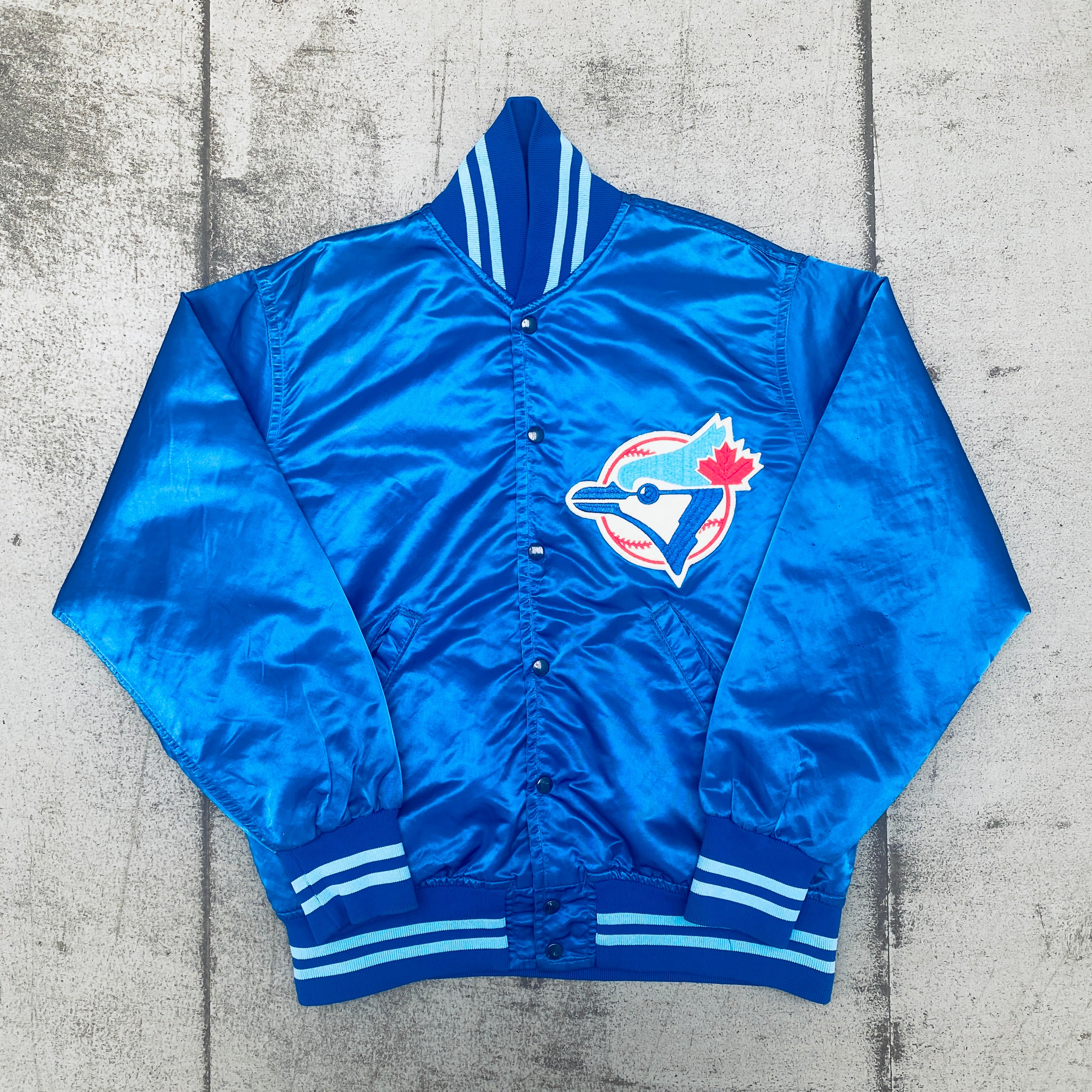 Vintage 1987 Toronto Blue Jays Wilson Satin Team Issued Bomber Jacket - Size Large | Authentic MLB Baseball Jacket for Fans & Collectors | Perfect for Game Day, Retro Fashion & Sports Memorabilia Display