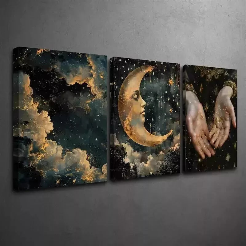 3-Piece Melancholic Celestial & Abstract Night Sky Wall Art Set - Framed Canvas 50x70cm (20x28in) | High Quality Print | 100% Australian Made | Ready to Hang | Perfect for Living Room, Bedroom & Office Decor