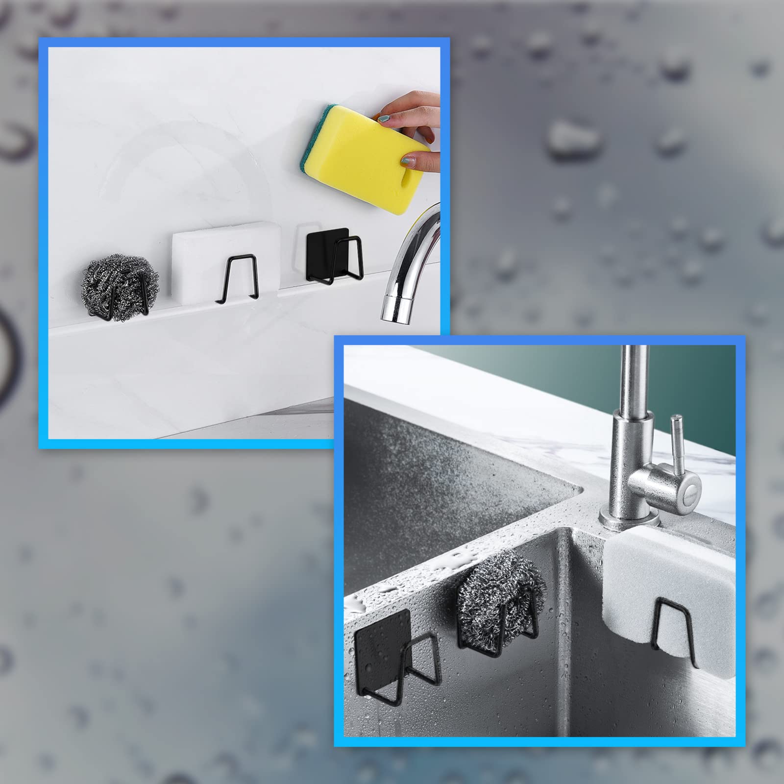 2 Pack Stainless Steel Sponge Holder for Kitchen Sink - Rustproof, Waterproof Adhesive Hooks - No Drilling Required (Black) | Perfect for Organizing Sponges, Brushes & Cleaning Tools by Sink