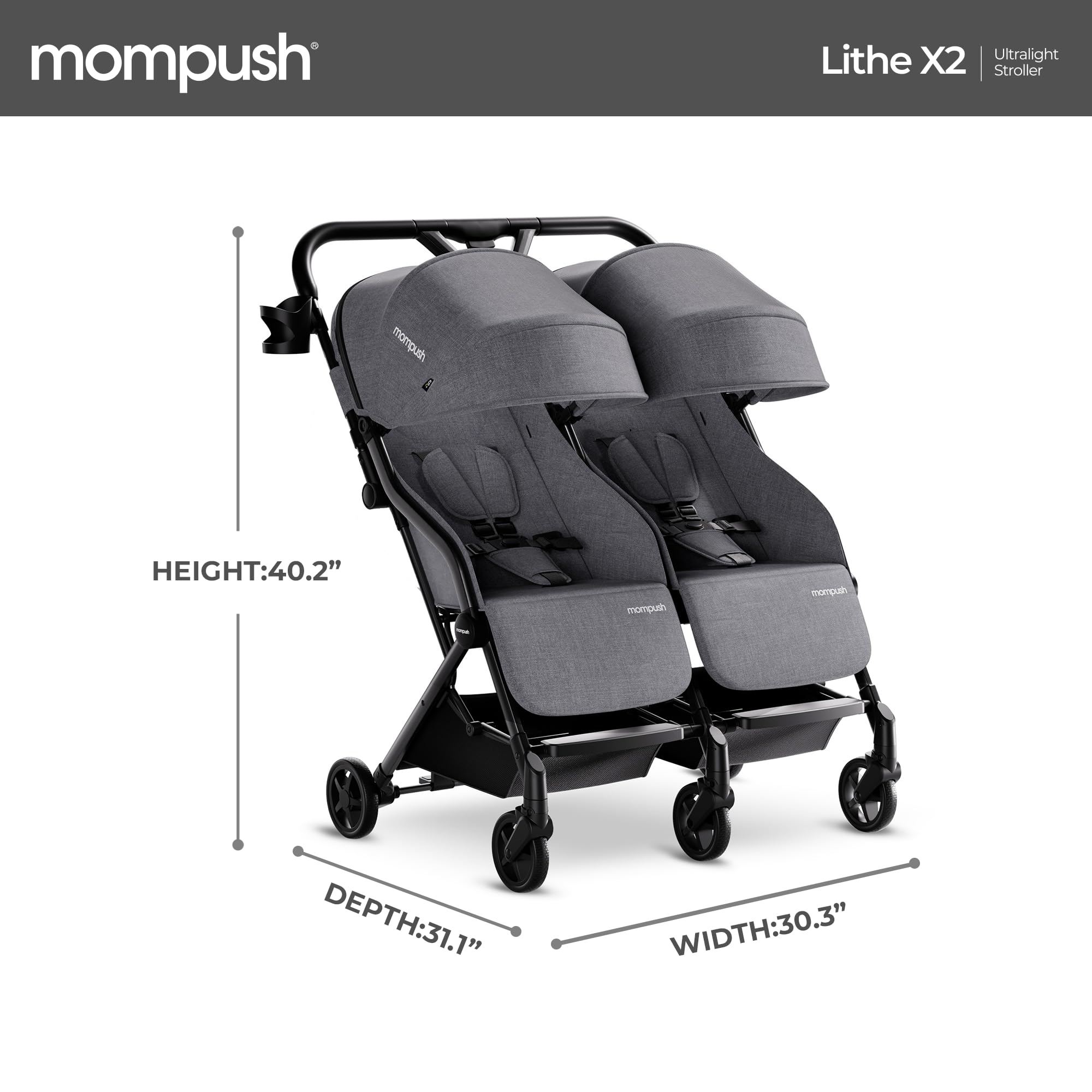 MomPush Lithe Double Ultralight Stroller - Lightweight Side by Side Twin Stroller with 2 Large Reclining Seats & Easy Fold | Perfect for Travel, Shopping & Outdoor Adventures with Twins
