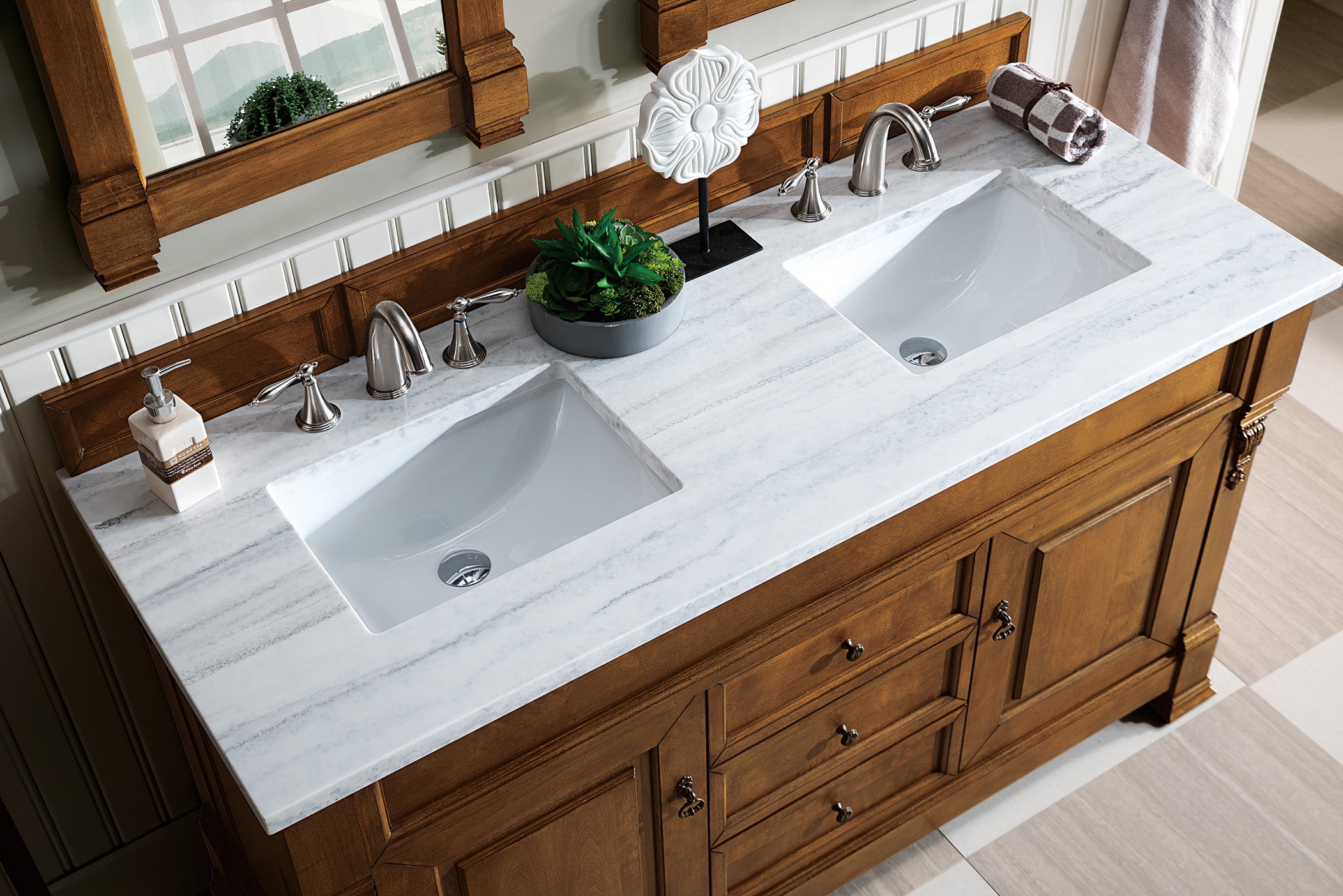 Brookfield 60-Inch Double Vanity with Country Oak Finish & 3CM Arctic Fall Solid Surface Top - Perfect for Master Bathroom Renovation and Modern Farmhouse Style Homes