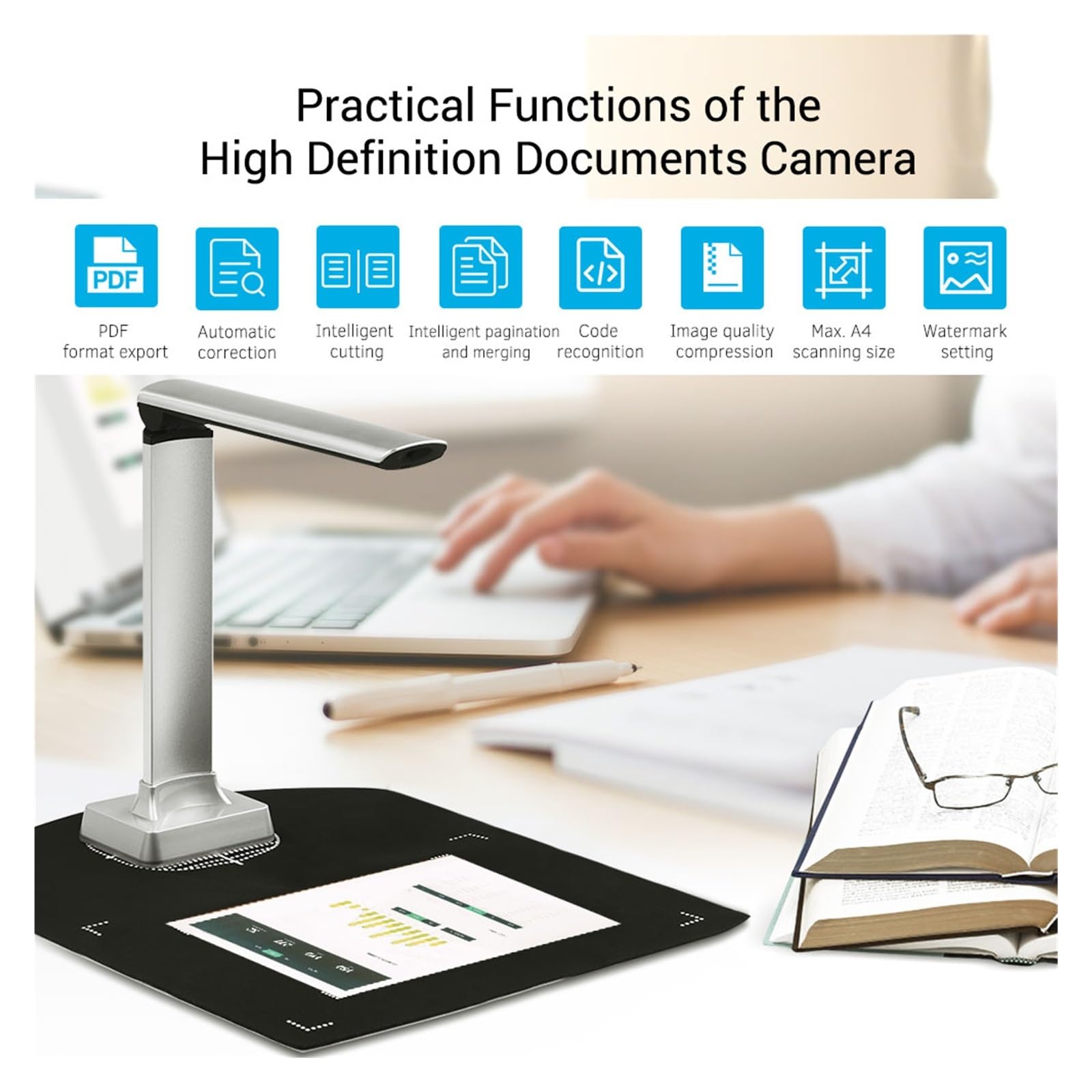 5MP Portable Document Scanner for Books, Receipts & Invoices - A4 Size File Recognition - Perfect for Office, Home & Travel Use